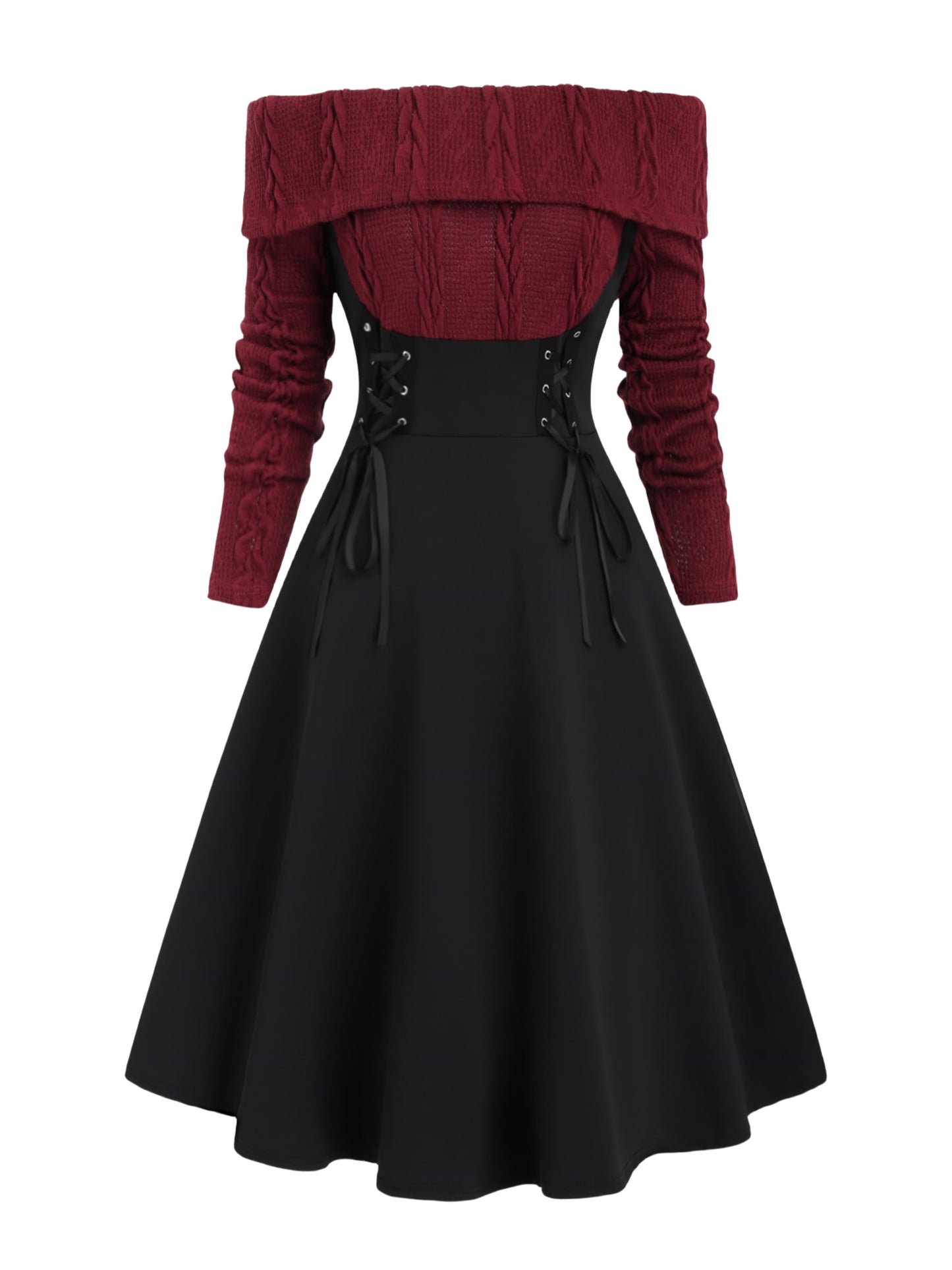 Antmvs Color Block Off Shoulder Dress, Elegant Vintage Long Sleeve Dress, Women's Clothing