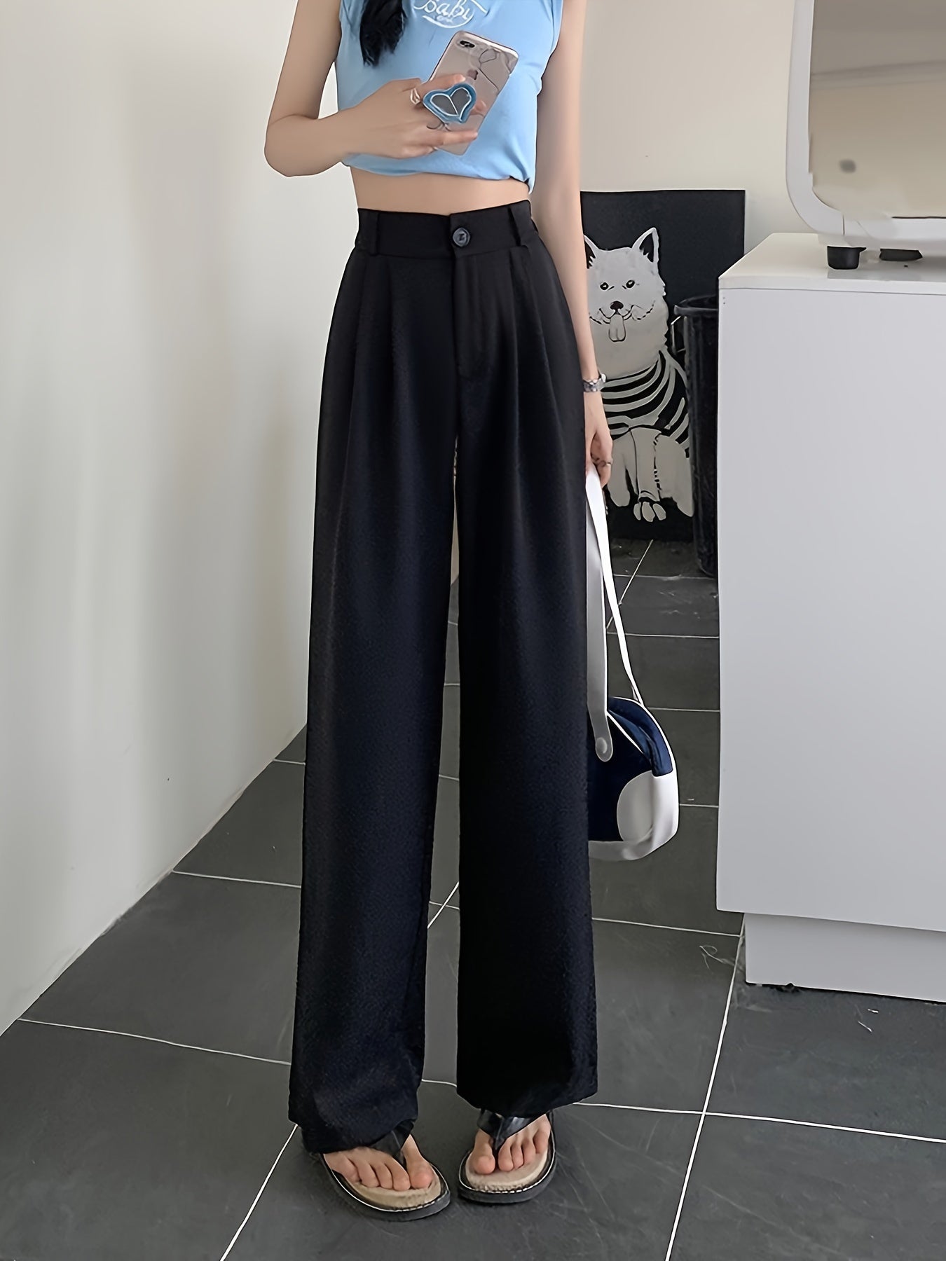 Antmvs Solid Draped Straight Leg Pants, Casual High Waist Loose Suit Pants, Women's Clothing