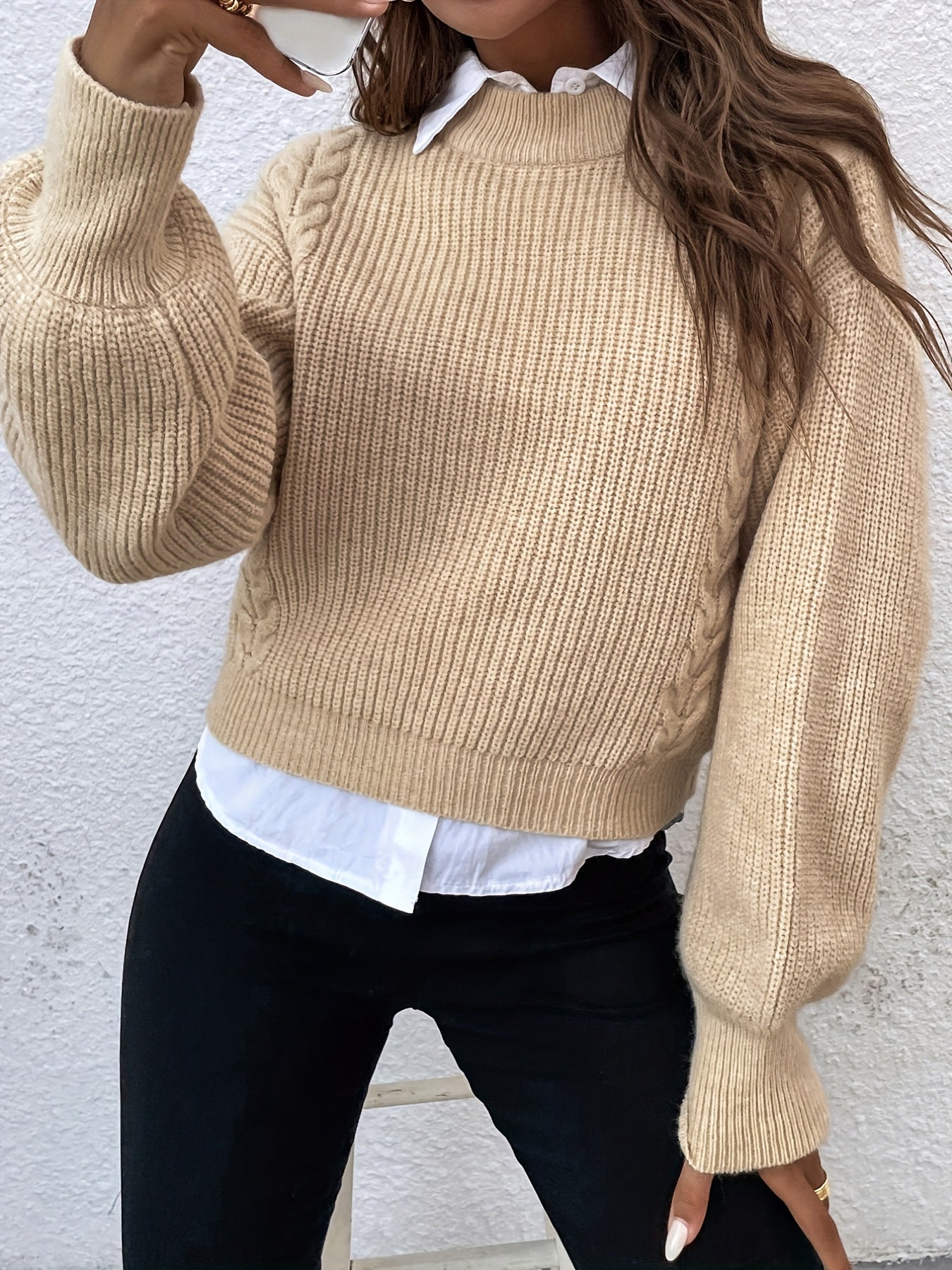Antmvs Solid Crew Neck Pullover Sweater, Casual Long Sleeve Sweater For Fall & Winter, Women's Clothing