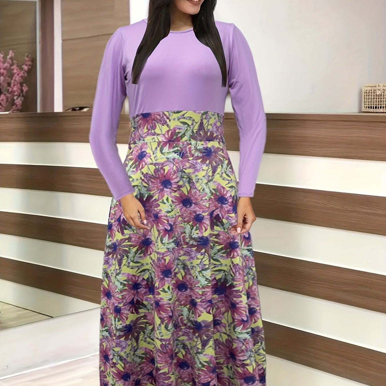 Antmvs Floral Print Splicing Dress, Casual Crew Neck Long Sleeve Dress, Women's Clothing