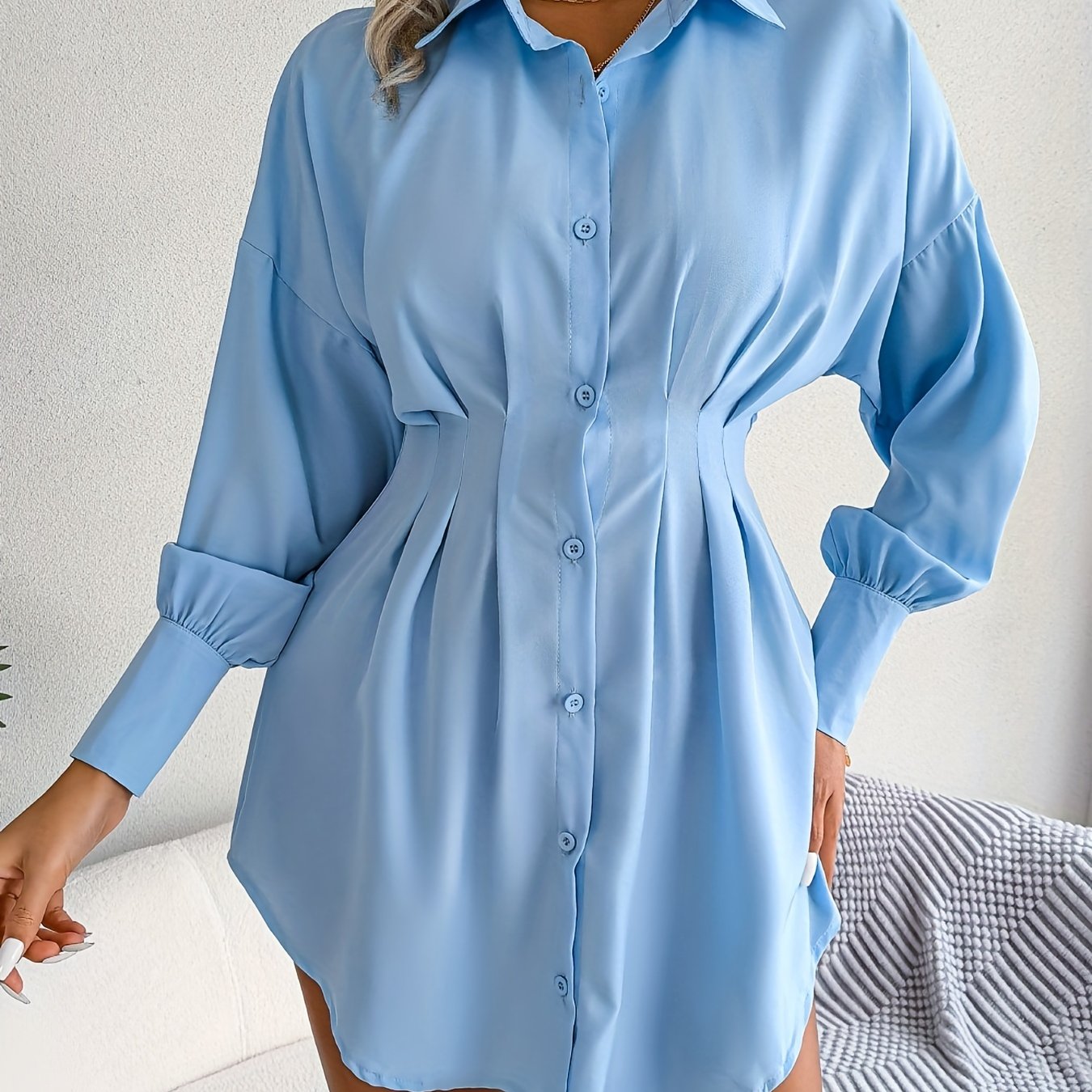 Antmvs Long Sleeve Mini Shirt Dress, Button Up Casual Dress For Fall & Spring, Women's Clothing
