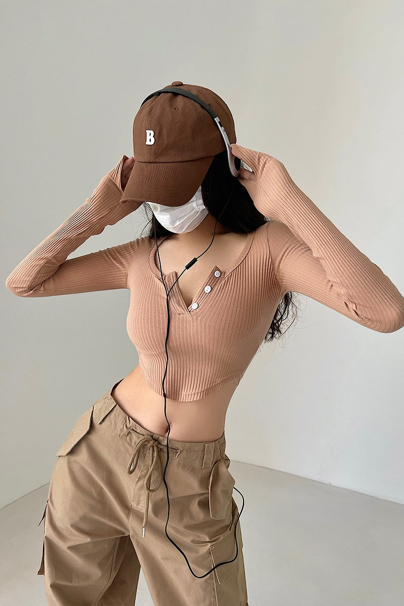 Antmvs Olivia Solid Color Button Up Long Sleeve Ribbed Slim Cropped Top