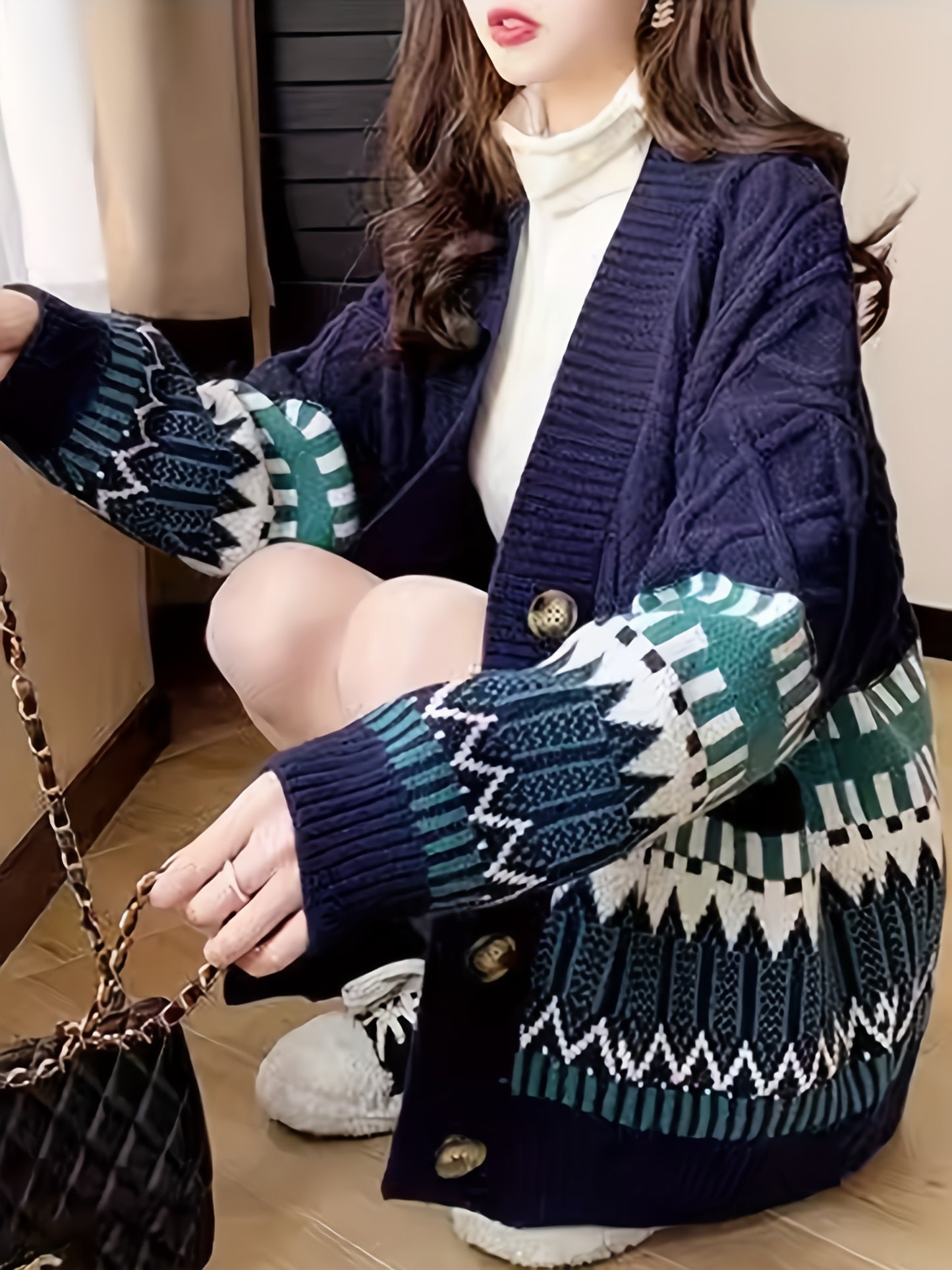 Antmvs Geo Pattern Button Down Knit Cardigan, Elegant Long Sleeve Loose Sweater With Pocket, Women's Clothing
