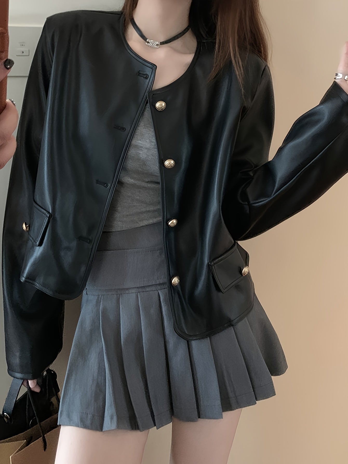 Antmvs Solid Button Front Crew Neck Coat, Elegant Long Sleeve Jacket For Every Day, Women's Clothing