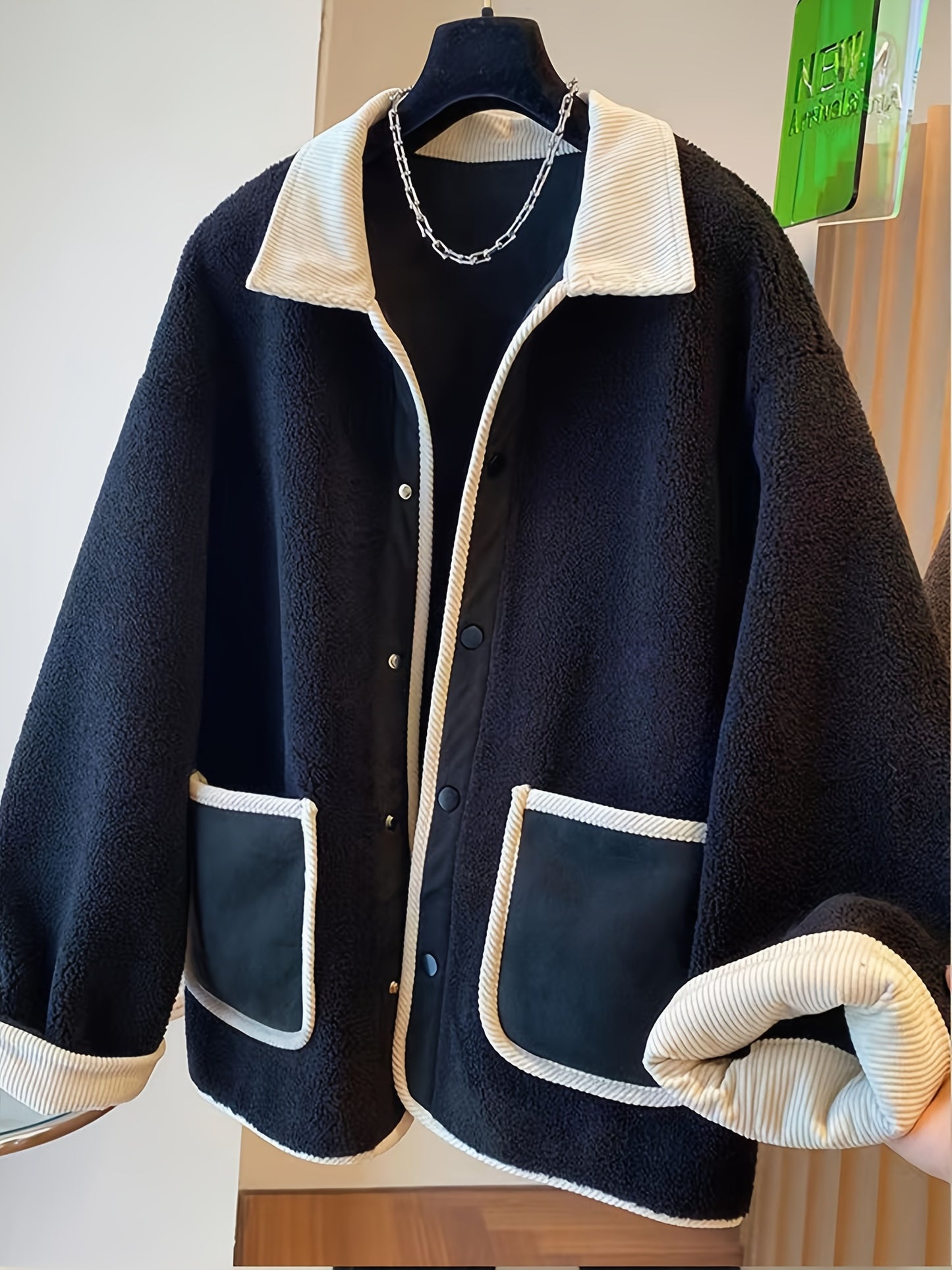 Antmvs Contrast Trim Patched Pockets Outwear, Versatile Long Sleeve Button Front Coat For Fall & Winter, Women's Clothing