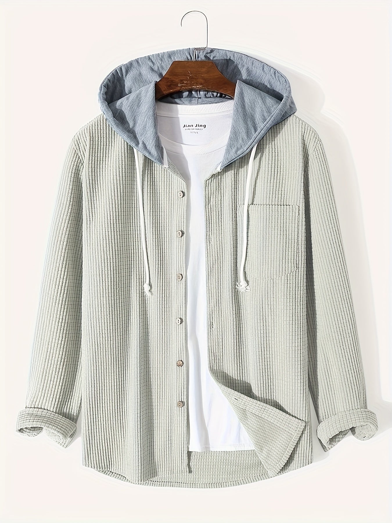 Antmvs Waffle Pattern Hoodie Shirt Coat For Men Long Sleeve Casual Regular Fit Button Up Hooded Shirts Jacket