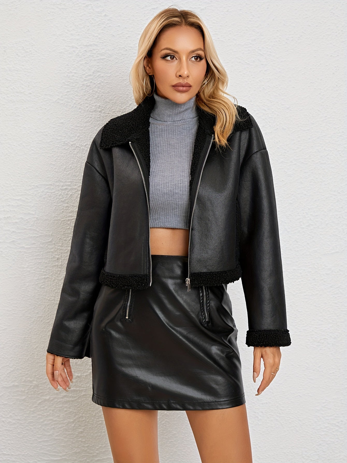 Antmvs Solid Faux Fur Decor Jacket, Versatile Zipper Drop Shoulder Jacket, Women's Clothing