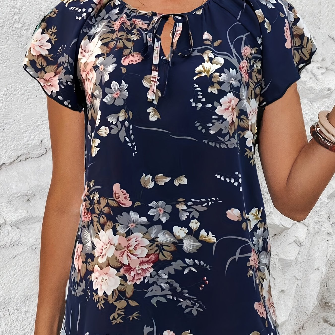 Antmvs Floral Print Drawstring Blouse, Elegant V Neck Short Sleeve Blouse, Women's Clothing