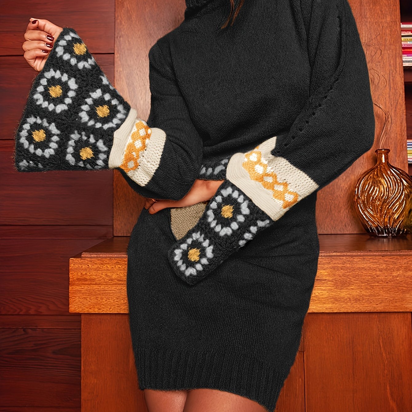 Antmvs Hippie Patchwork Turtleneck Knitted Sweater Dress, Casual Flared Cuff Long Sleeve Dress, Women's Clothing