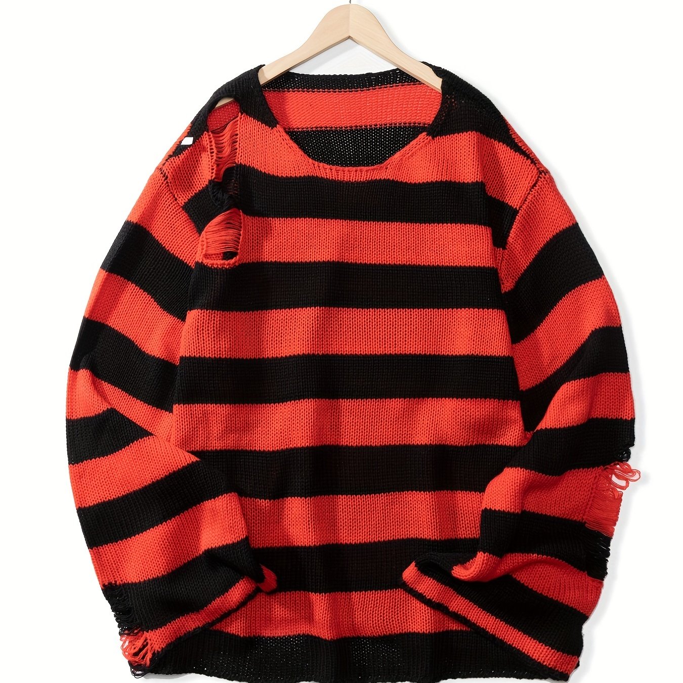 Antmvs All Match Knitted Ripped Striped Sweater, Men's Casual Warm Slightly Stretch Crew Neck Pullover Sweater For Fall Winter