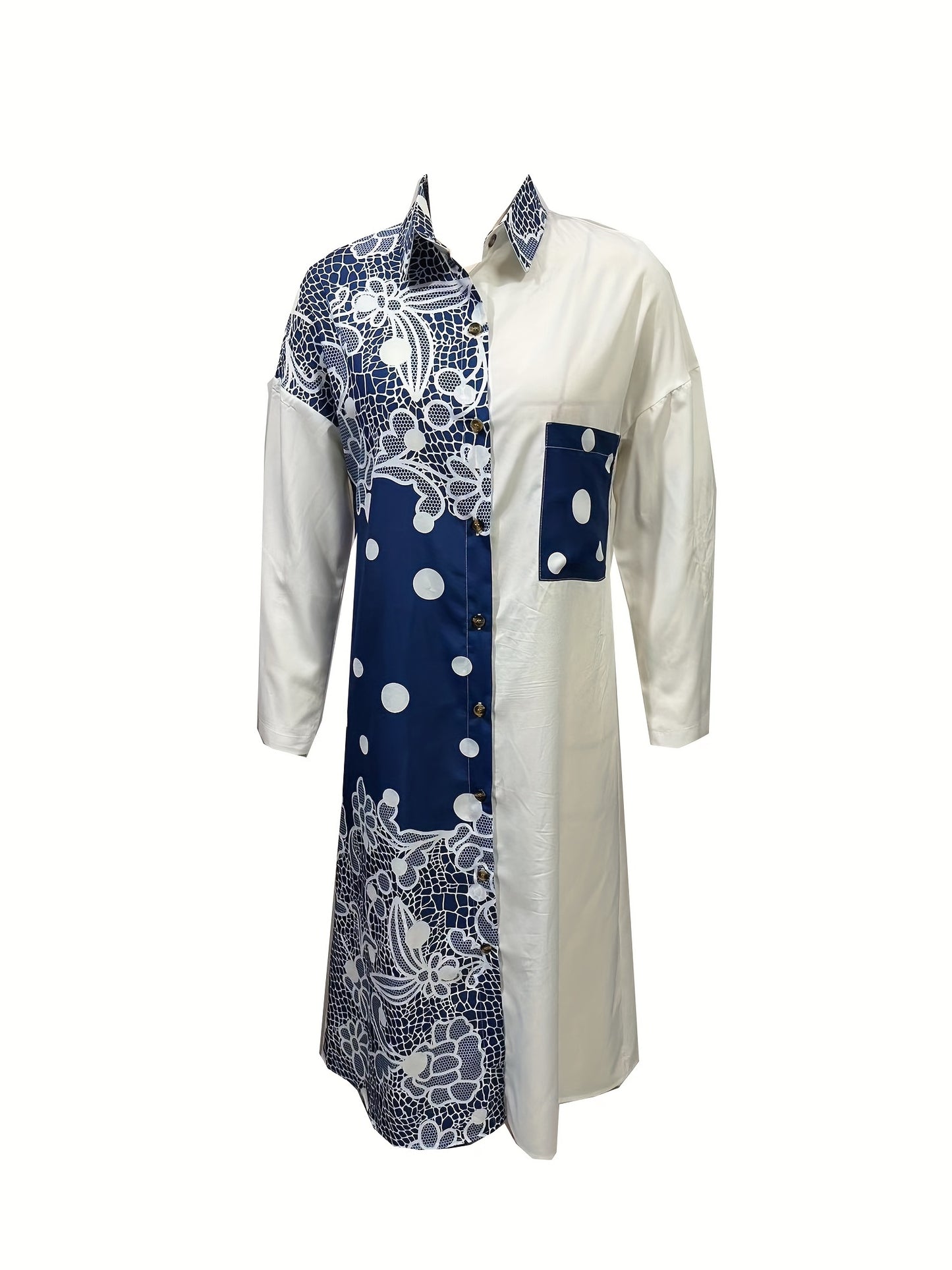 Antmvs Graphic Print Splicing Dress, Casual Button Front Long Sleeve Dress, Women's Clothing
