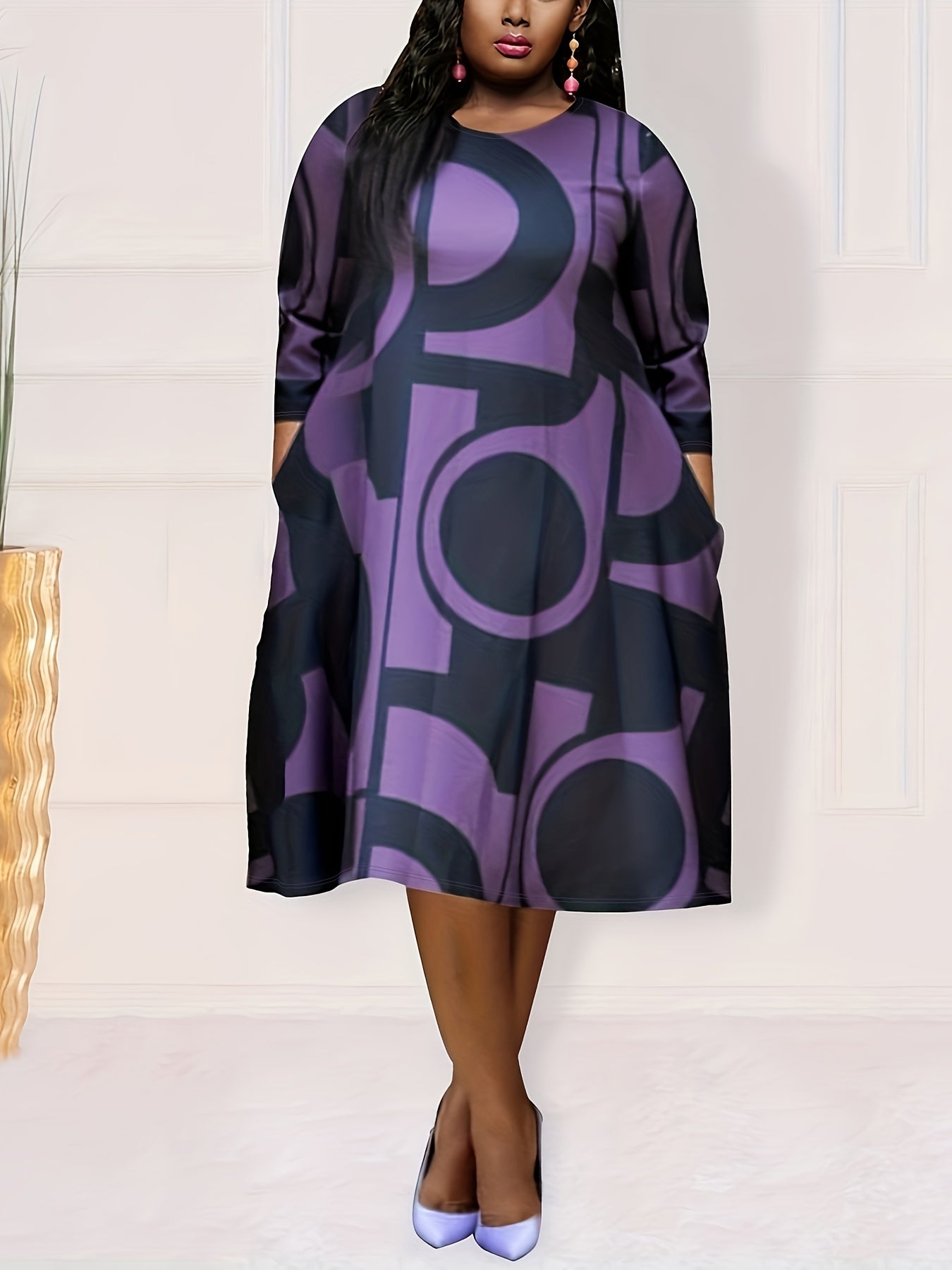 Antmvs Plus Size Elegant Dress, Women's Plus Geometric Print Half Sleeve Round Neck Loose Fit Dress