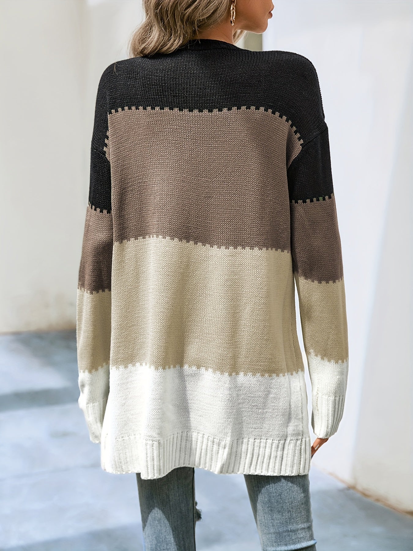 Antmvs V-neck Loose Striped Color Block Cardigans, Casual Drop Shoulder Long Sleeve Fall Winter Knit Cardigan, Women's Clothing