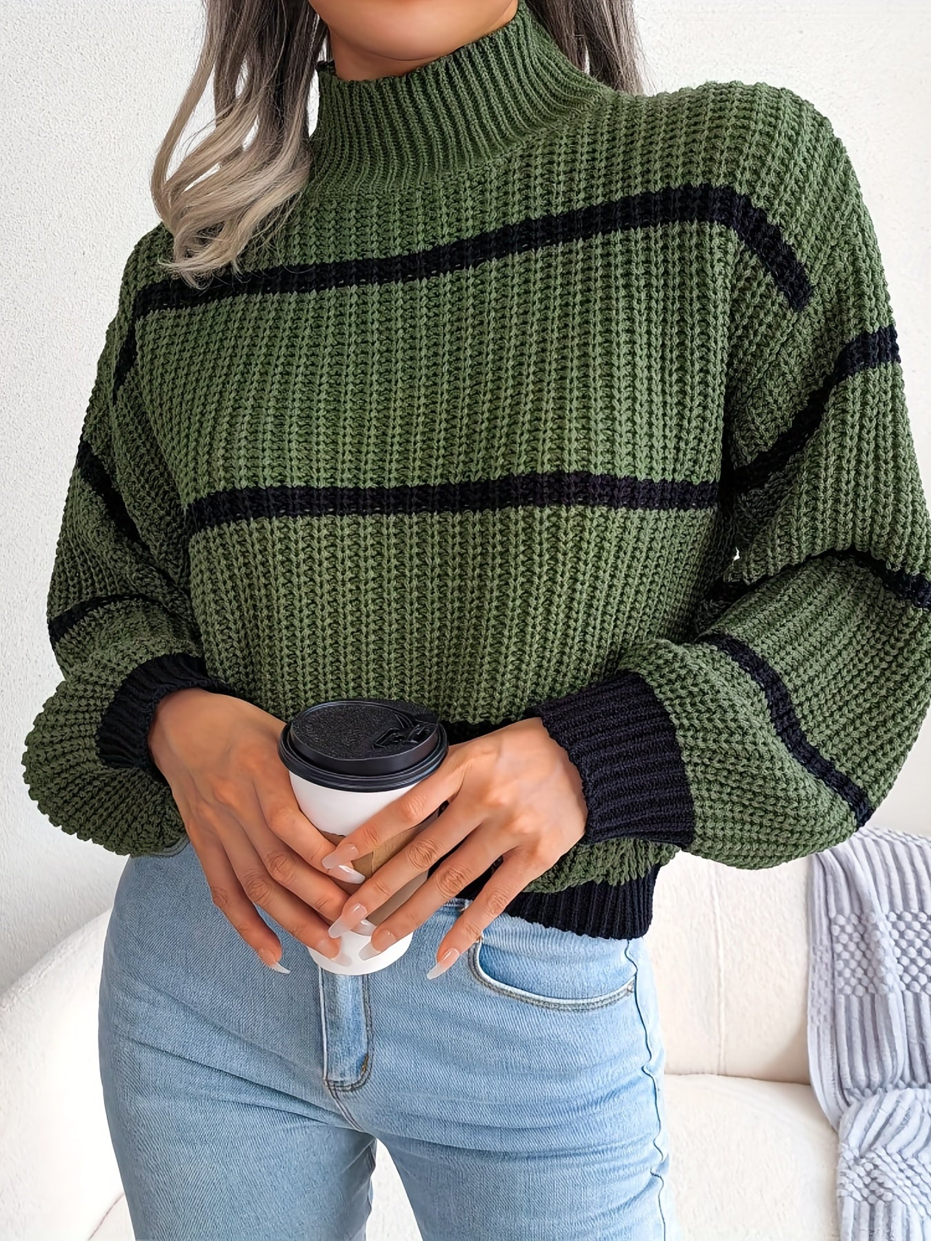 Antmvs Striped Color Block Crew Neck Sweater, Casual Long Sleeve Loose Fall Winter Knit Sweater, Women's Clothing