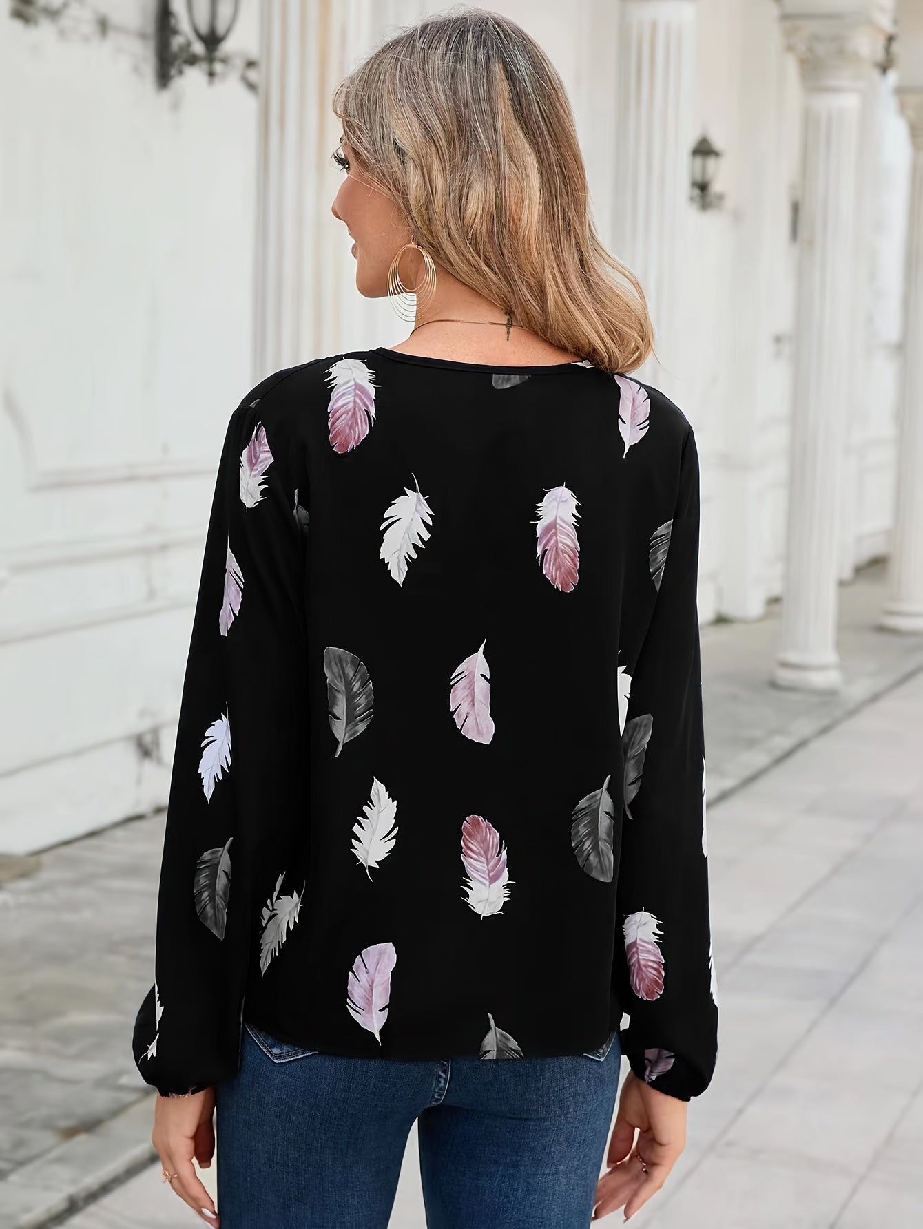 Antmvs Feather Print Blouse, Casual Notched Neck Long Sleeve Blouse, Women's Clothing