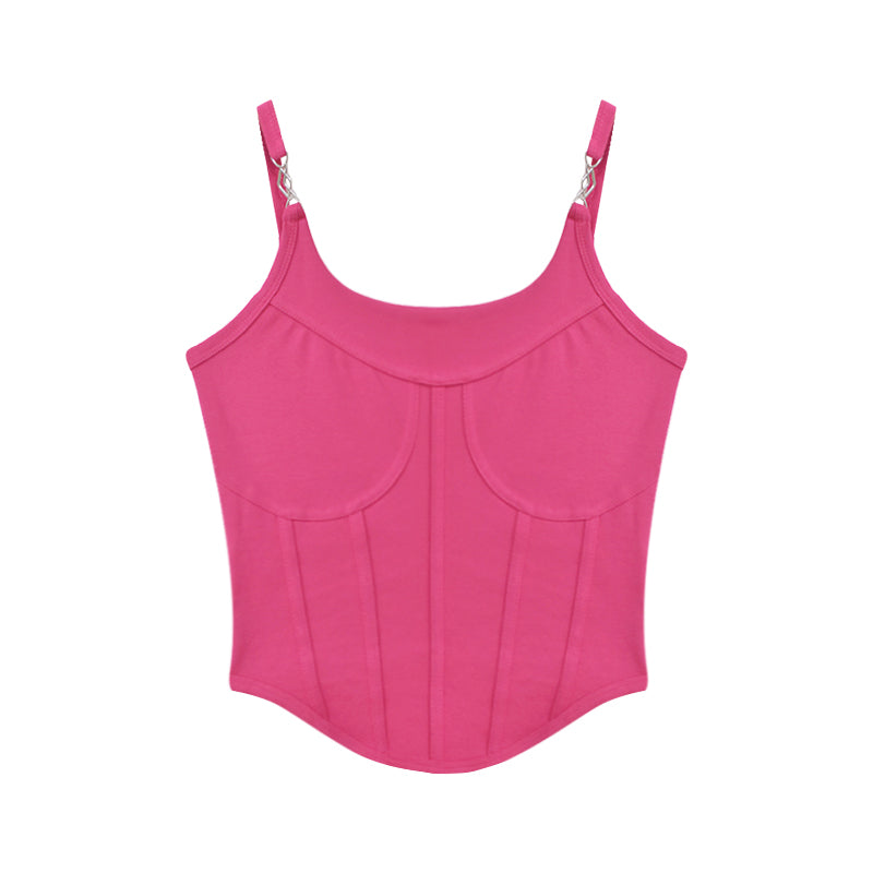 Antmvs Jania Solid Color Pink Silver Spaghetti Strap Slim Corset Top