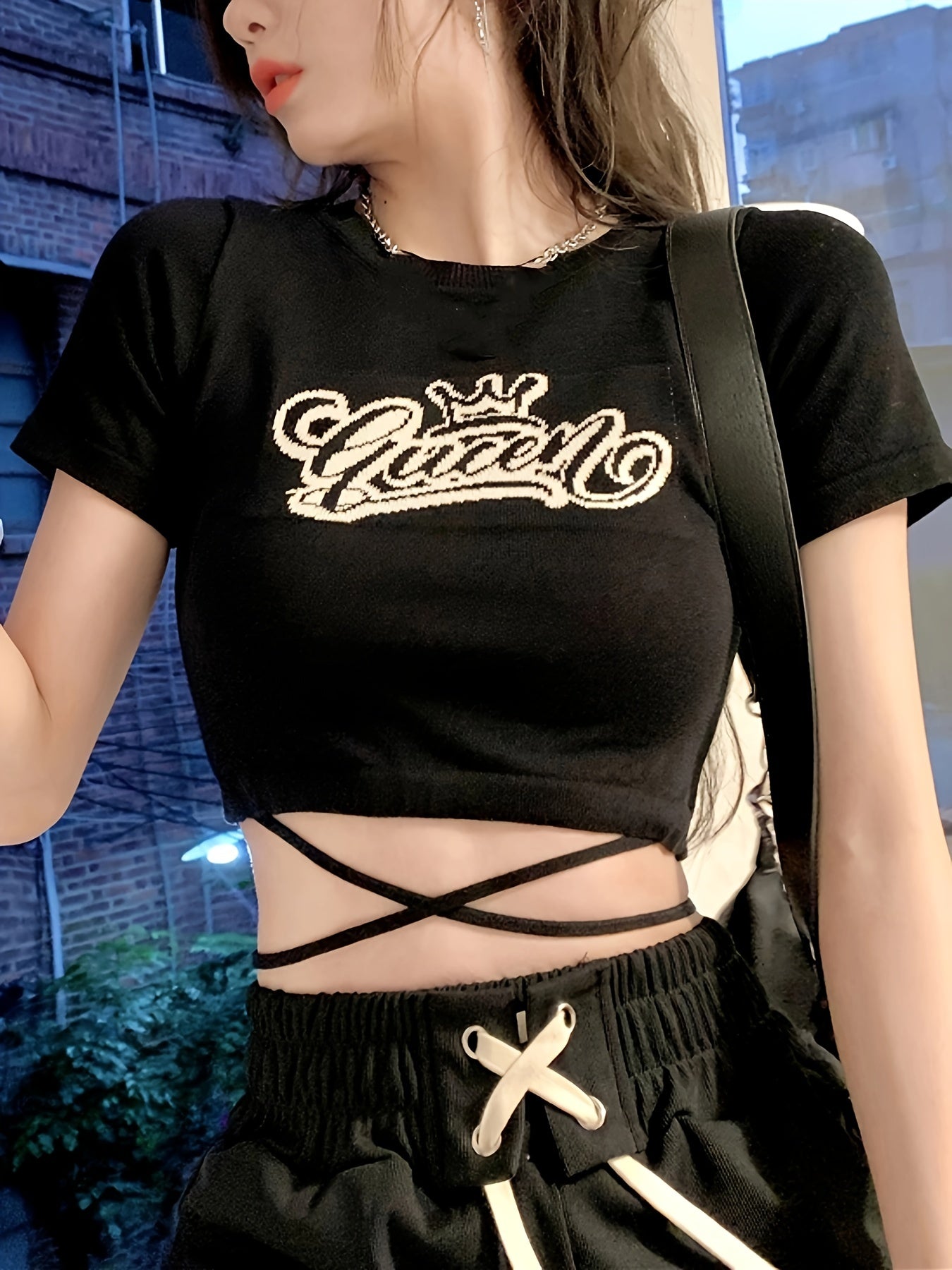 Antmvs Letter Print Crew Neck Crop Tee, Y2K Short Sleeve Tied Top For Spring & Summer, Women's Clothing