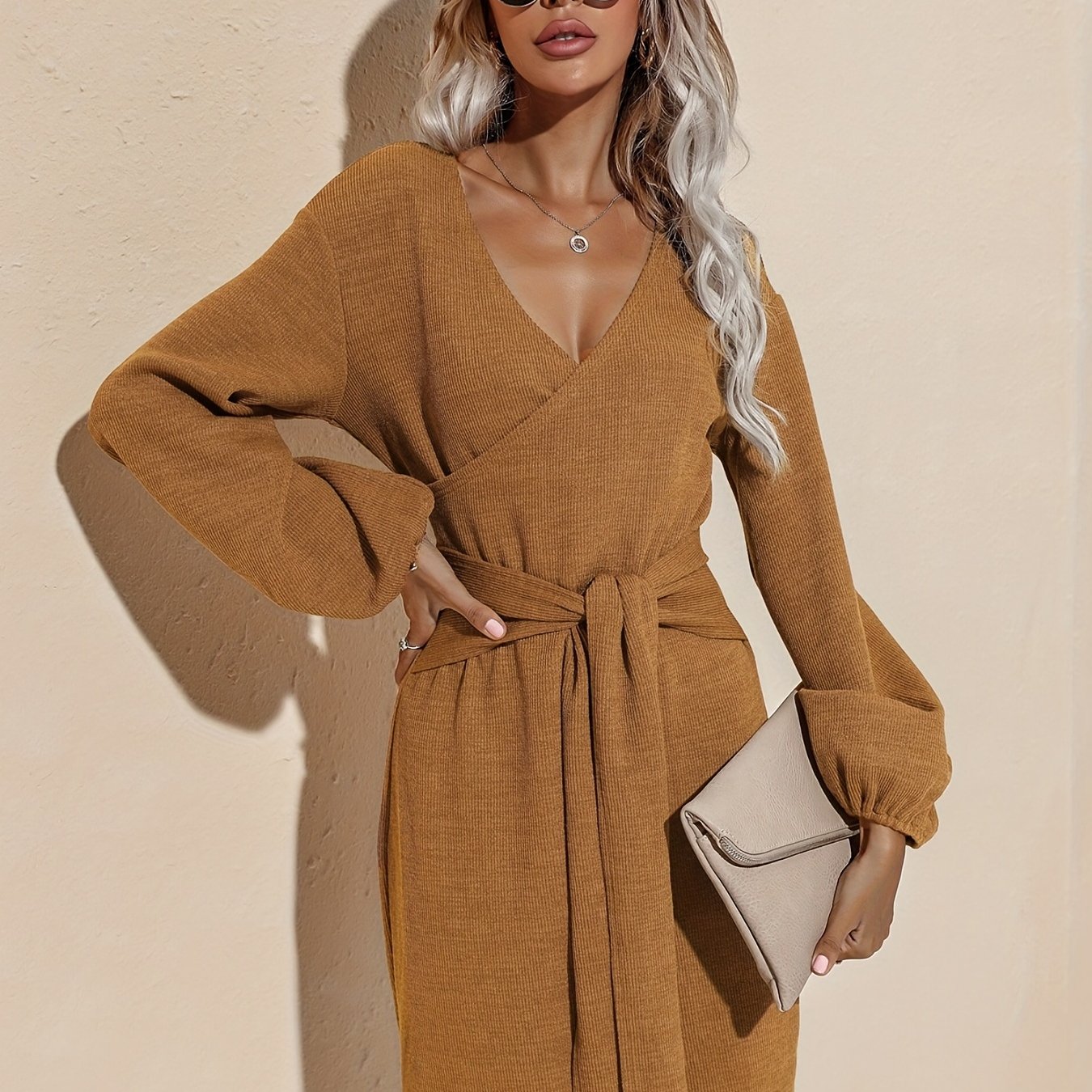 Antmvs Surplice Neck Lantern Sleeve Dress, Elegant Solid Versatile Dress, Women's Clothing