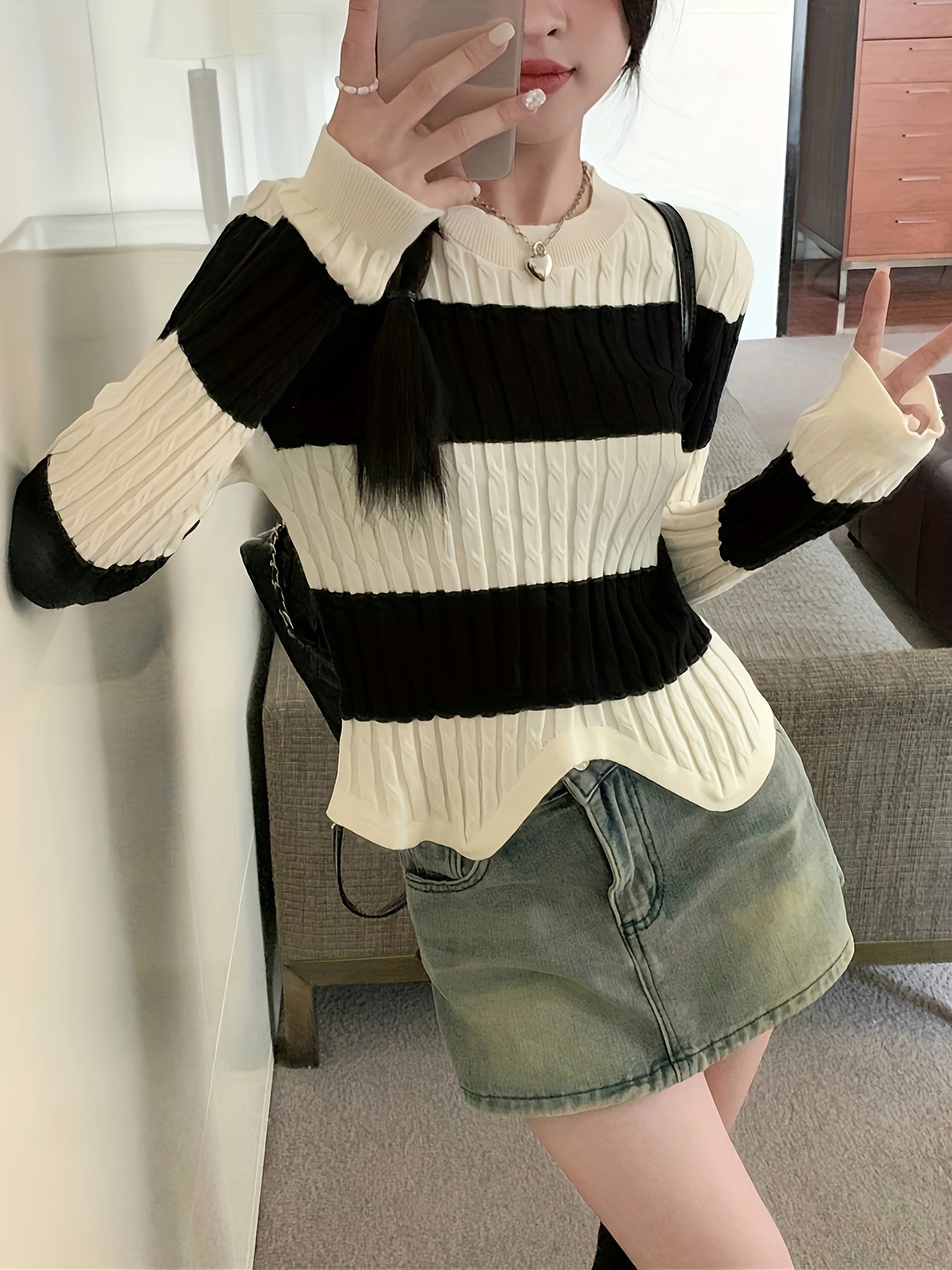 Antmvs Striped Print Crew Neck Sweater, Casual Long Sleeve Split Hem Sweater For Fall & Winter, Women's Clothing
