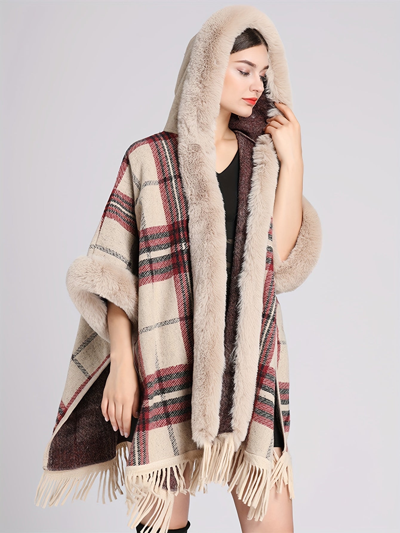 Antmvs Fuzzy Trim Plaid Cape Cardigan, Elegant Tassel Open Front Shawl Tops, Women's Clothing
