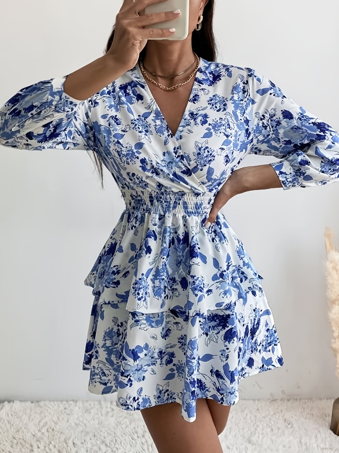 Antmvs Floral Print Shirred Waist Dress, Vintage Layered Hem V-neck Dress For Spring & Fall, Women's Clothing