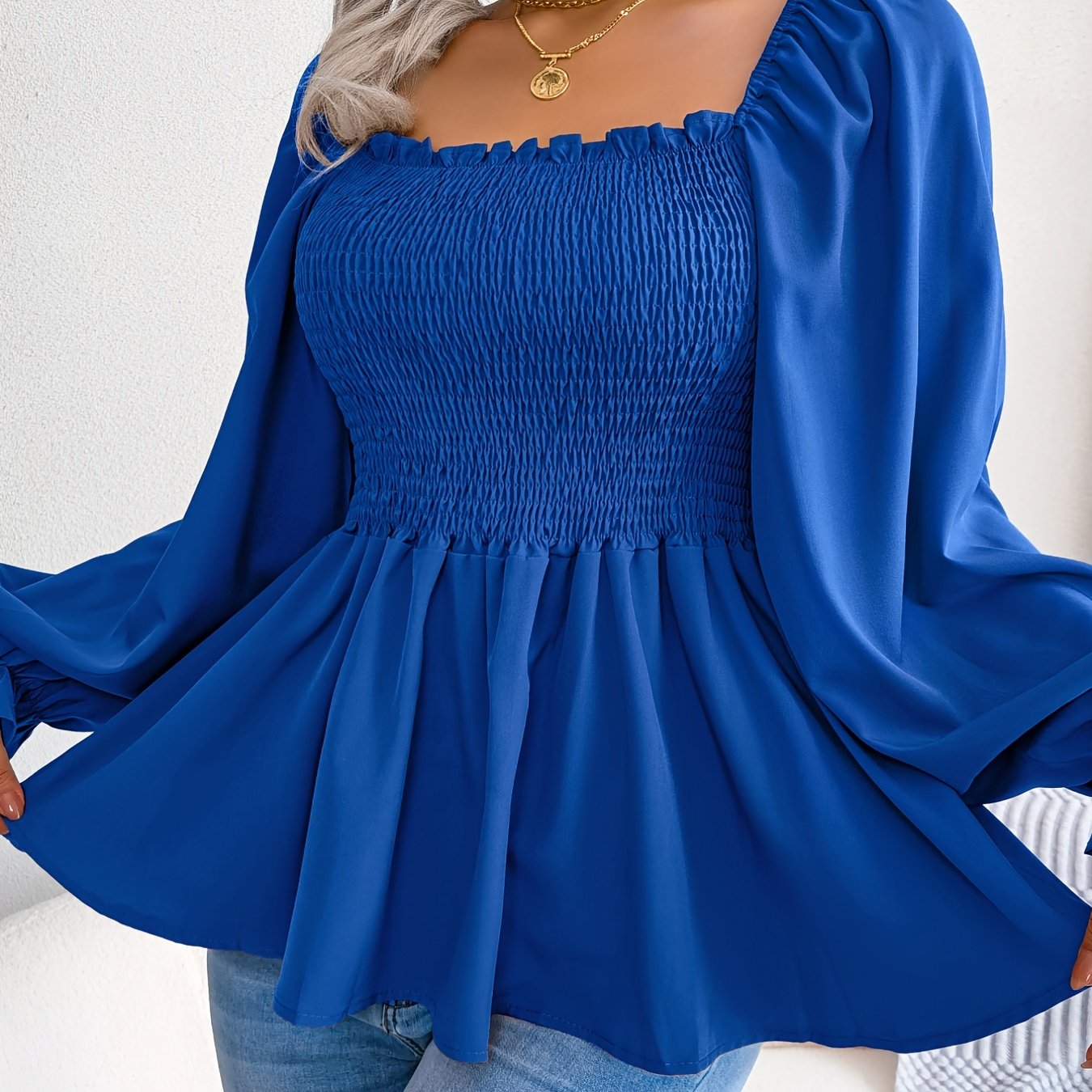 Antmvs Shirred Lantern Sleeve Shirt, Casual Squared Neck Pleated Ruffle Trim Solid Shirt, Women's Clothing