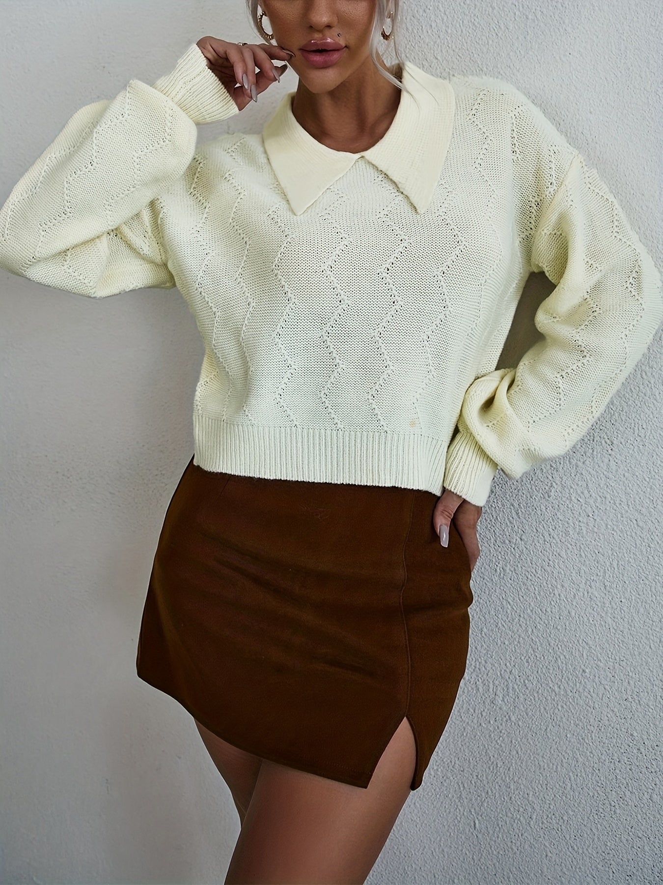 Antmvs Solid Polo Collar Pullover Sweater, Casual Long Sleeve Sweater For Spring & Fall, Women's Clothing