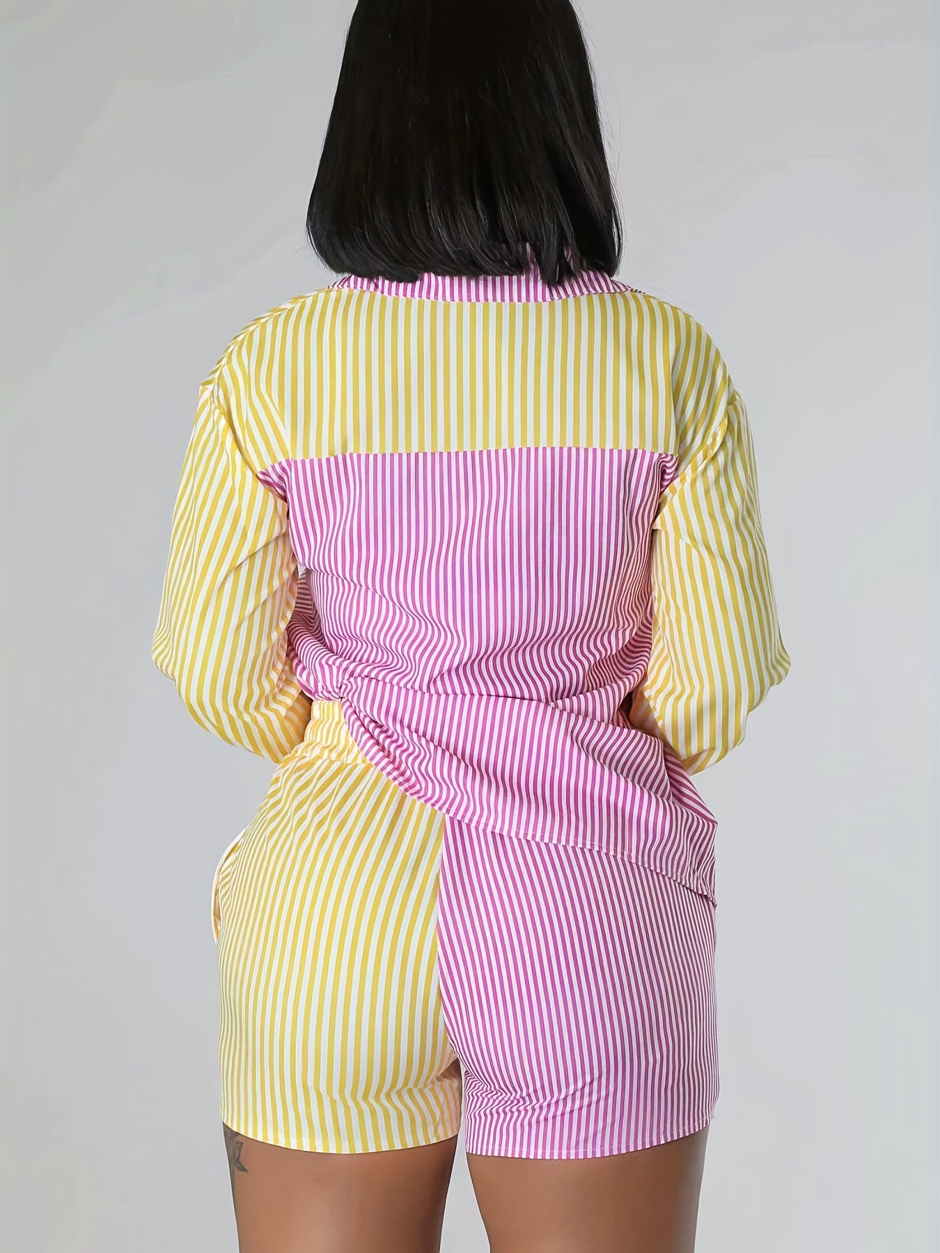 Antmvs Color Block Two Piece Set, Casual Striped Button Front Shirt & Drawstring Shorts For Spring & Summer, Women's Clothing