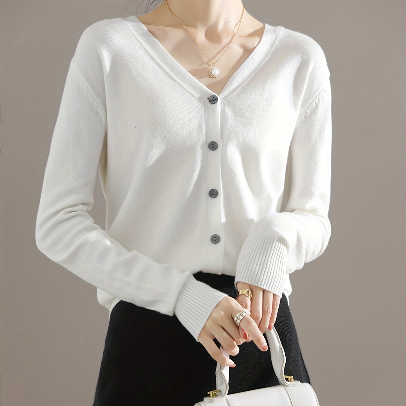 Antmvs Elegant V-neck Solid Cardigan, Long Sleeve Cardigan For Spring & Fall, Women's Clothing
