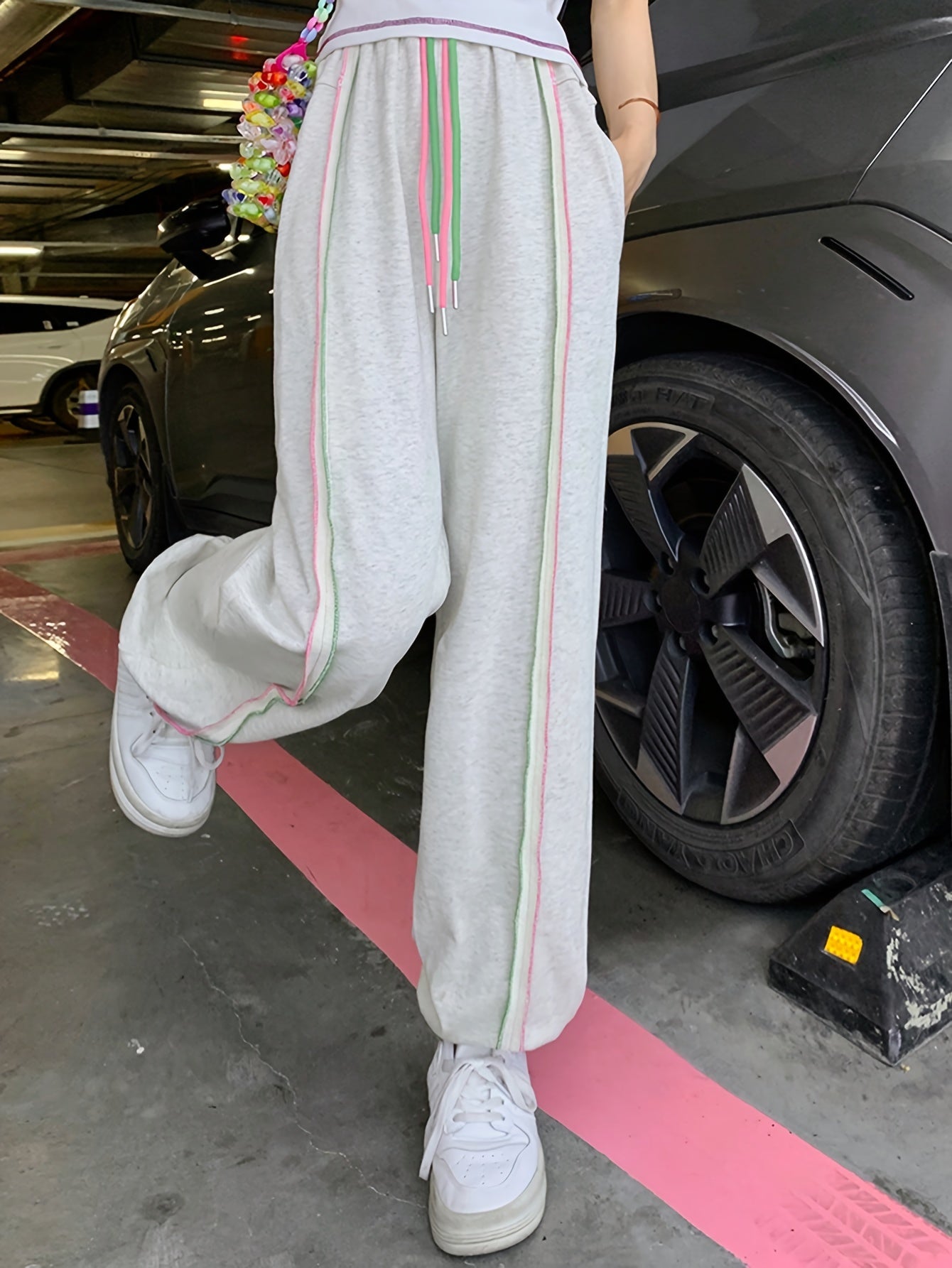 Antmvs Top-stitching Baggy Jogger Pants, Casual Drawstring Sporty Pants With Pocket, Women's Clothing