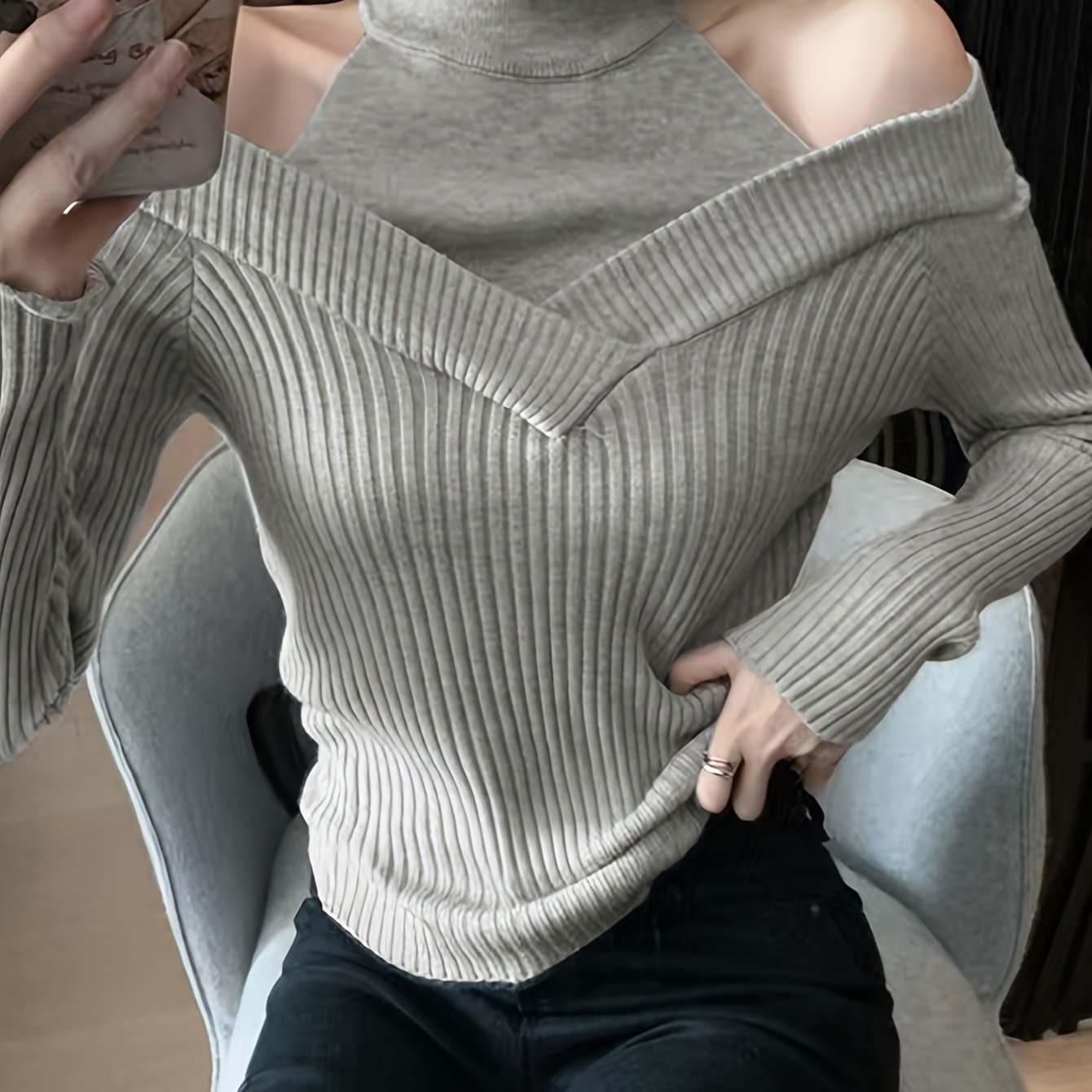 Antmvs Cold Shoulder Choker Neck Sweater, Chic Long Sleeve Sweater For Fall & Winter, Women's Clothing