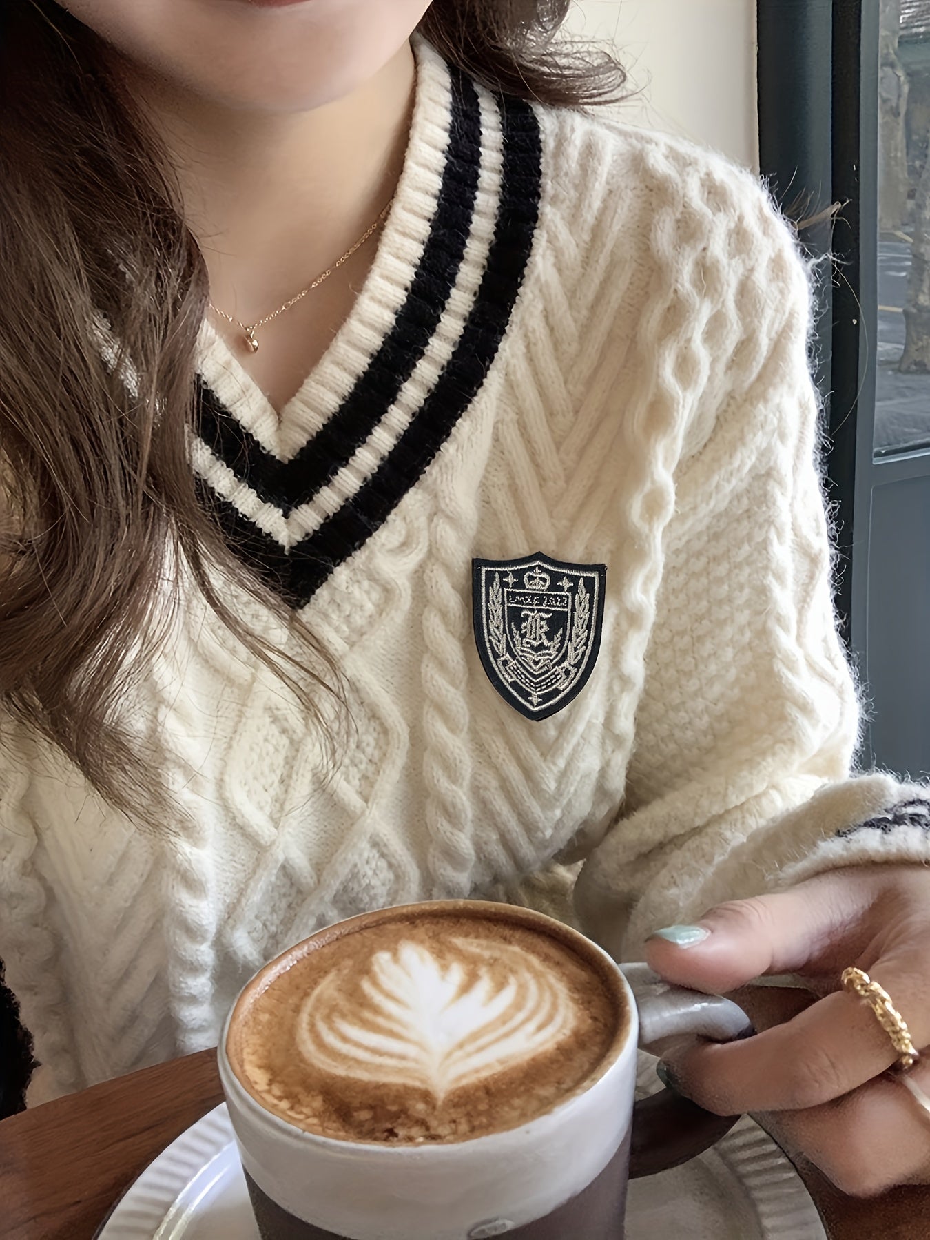 Antmvs Contrast Trim Cable Knit Sweater, Preppy V Neck Long Sleeve Sweater For Fall & Winter, Women's Clothing