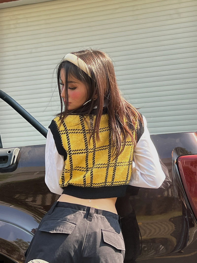 Antmvs Tory Yellow Vintage Knitted Plaid Sleeveless Cropped Sweater Top