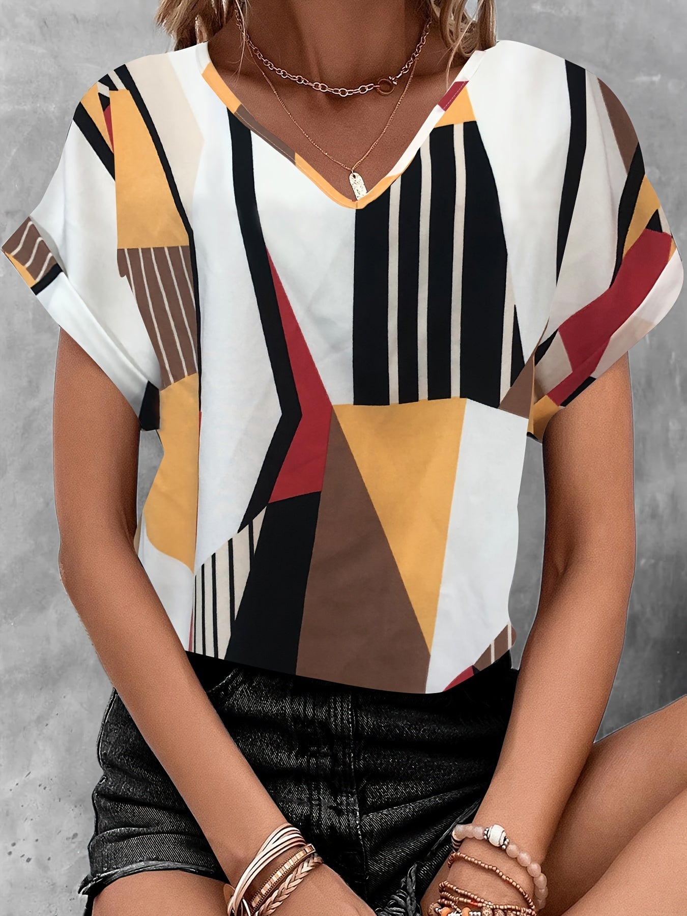 Antmvs Color Block V-neck Blouse, Casual Short Sleeve Blouse For Spring & Summer, Women's Clothing