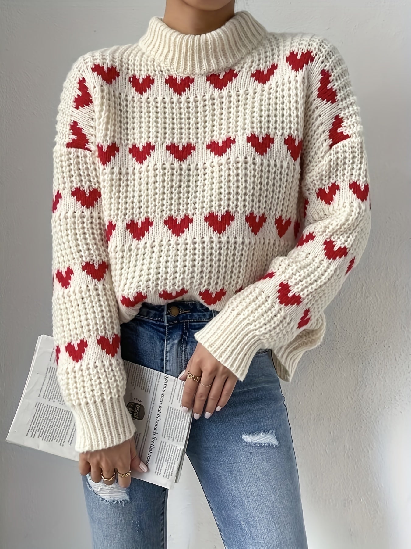 Antmvs Heart Pattern Turtle Neck Pullover Sweater, Casual Long Sleeve Sweater For Fall & Winter, Women's Clothing