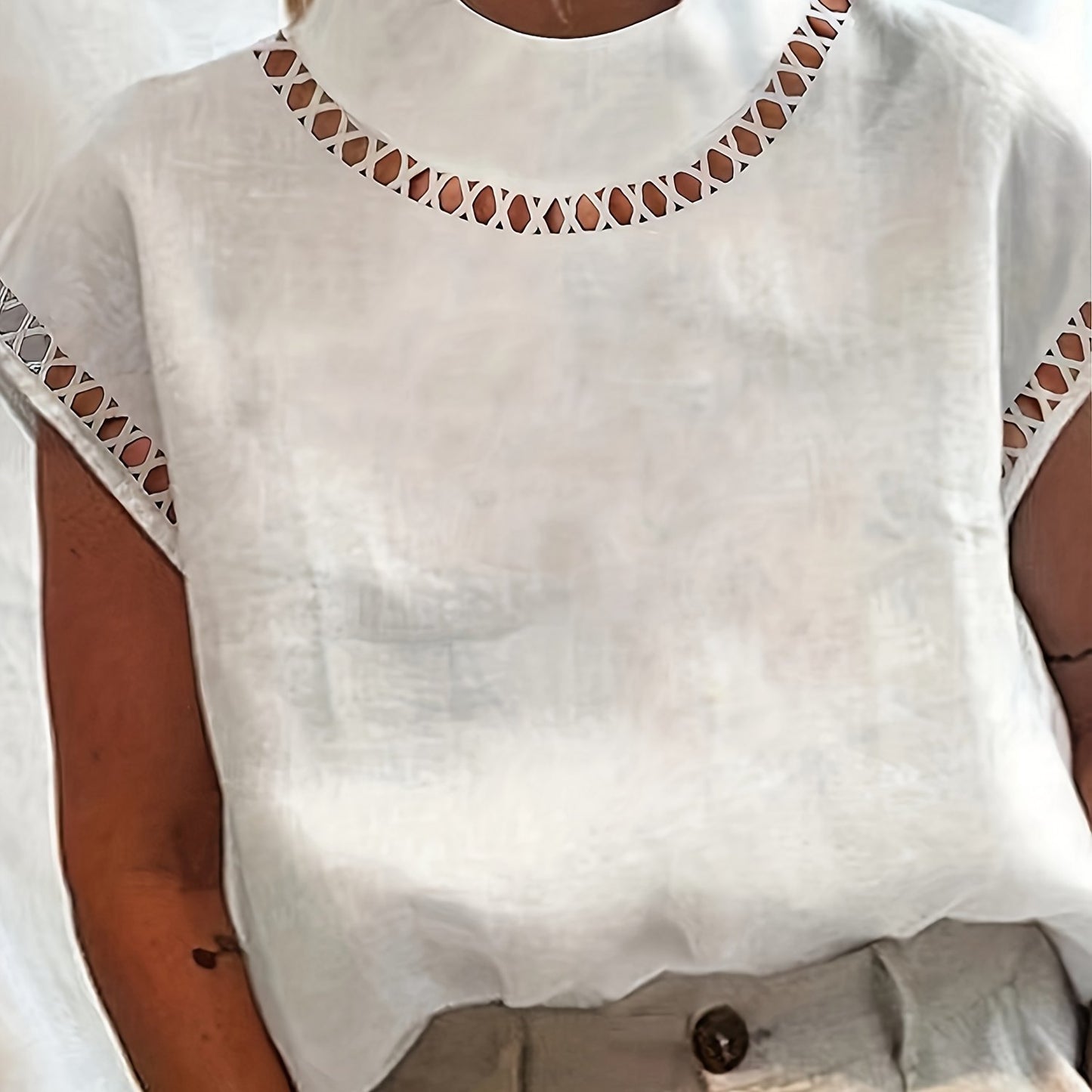 Antmvs Solid Cut Out Blouse, Casual Stand Collar Short Sleeve Simple Blouse, Women's Clothing