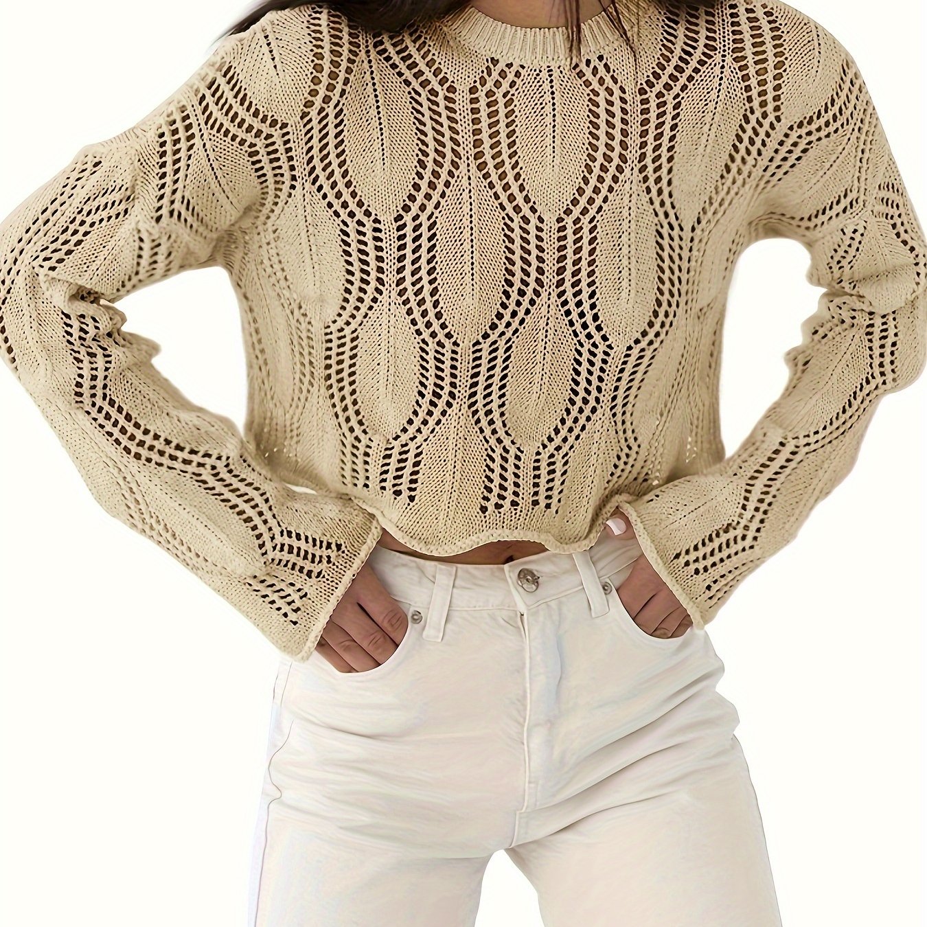 Antmvs Solid Crew Neck Knit Sweater, Casual Long Sleeve Pullover Sweater, Women's Clothing