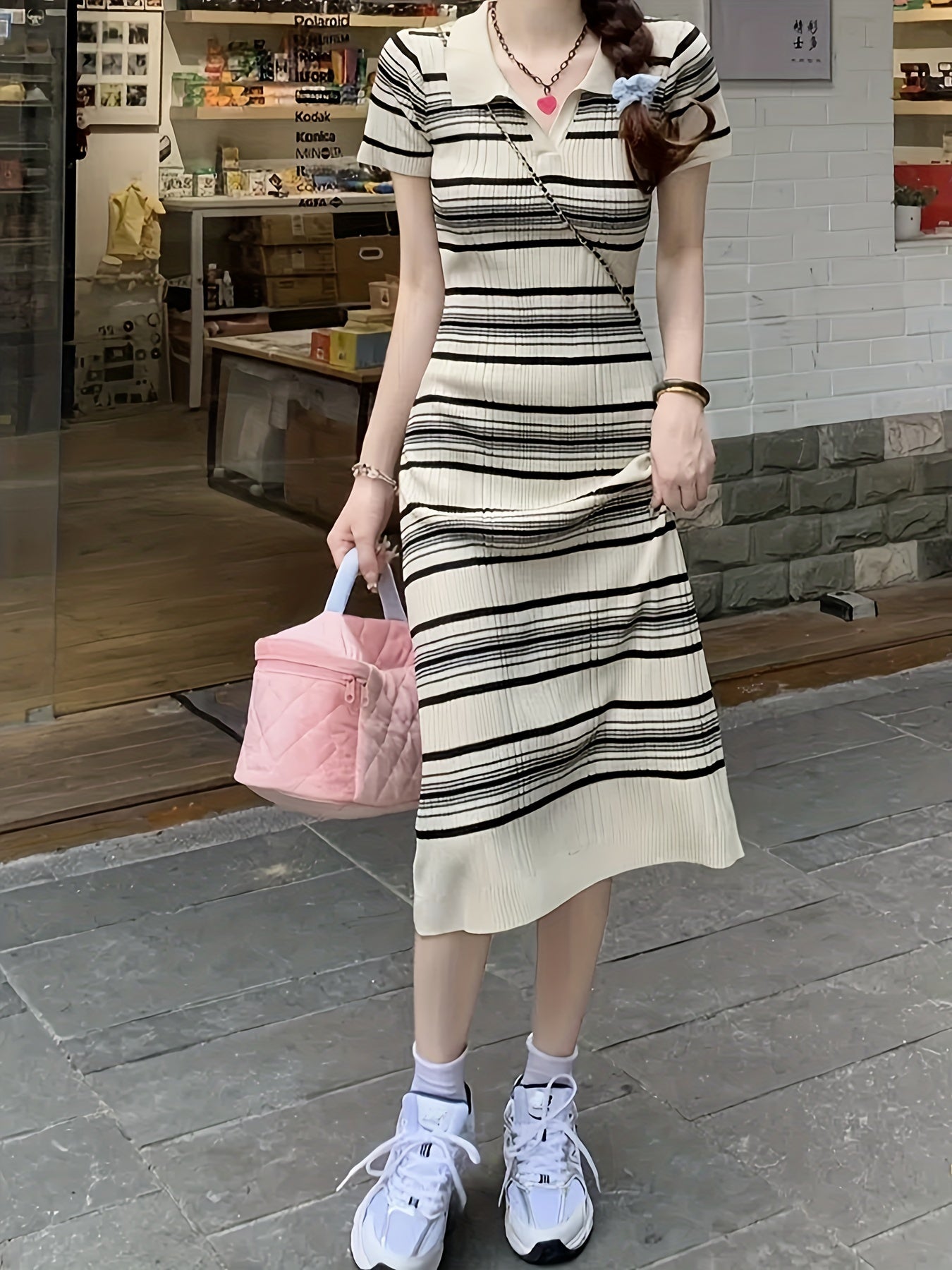 Antmvs Striped Print Collar Dress, Casual Short Sleeve Bodycon Summer Dress, Women's Clothing