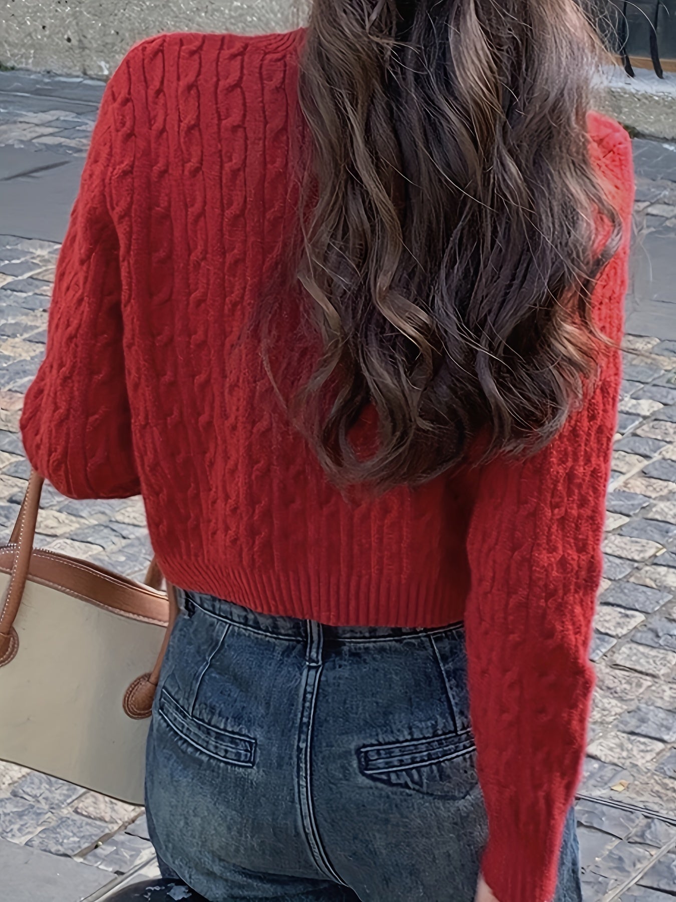 Antmvs Solid Button Up Cable Knit Cardigan, Elegant Crew Neck Long Sleeve Sweater For Spring & Fall, Women's Clothing