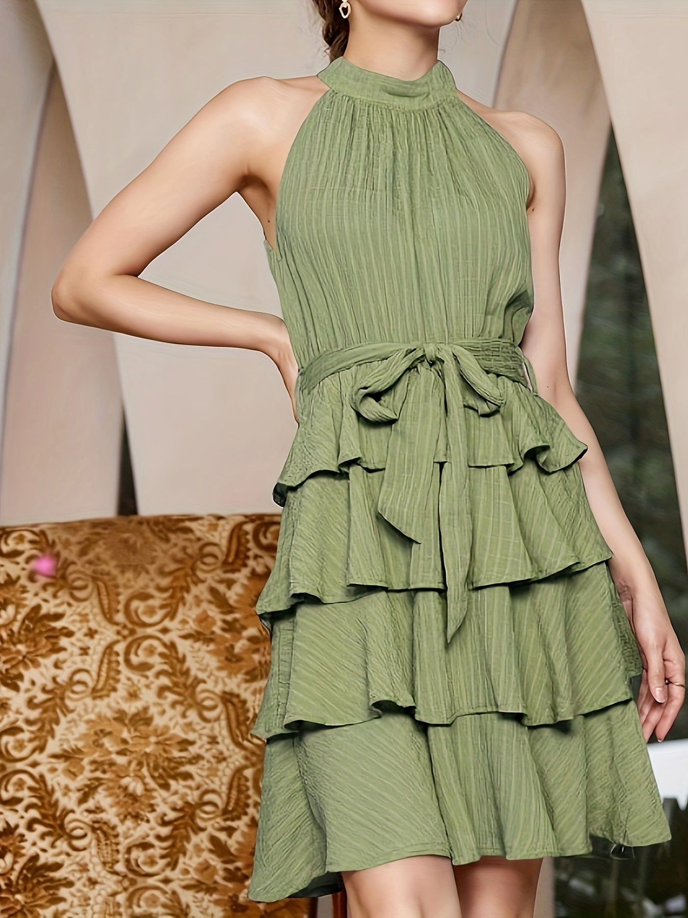 Antmvs Women's Dresses Casual Solid Belt Crew Neck Sleeveless Fashion Spring Summer Loose Dress