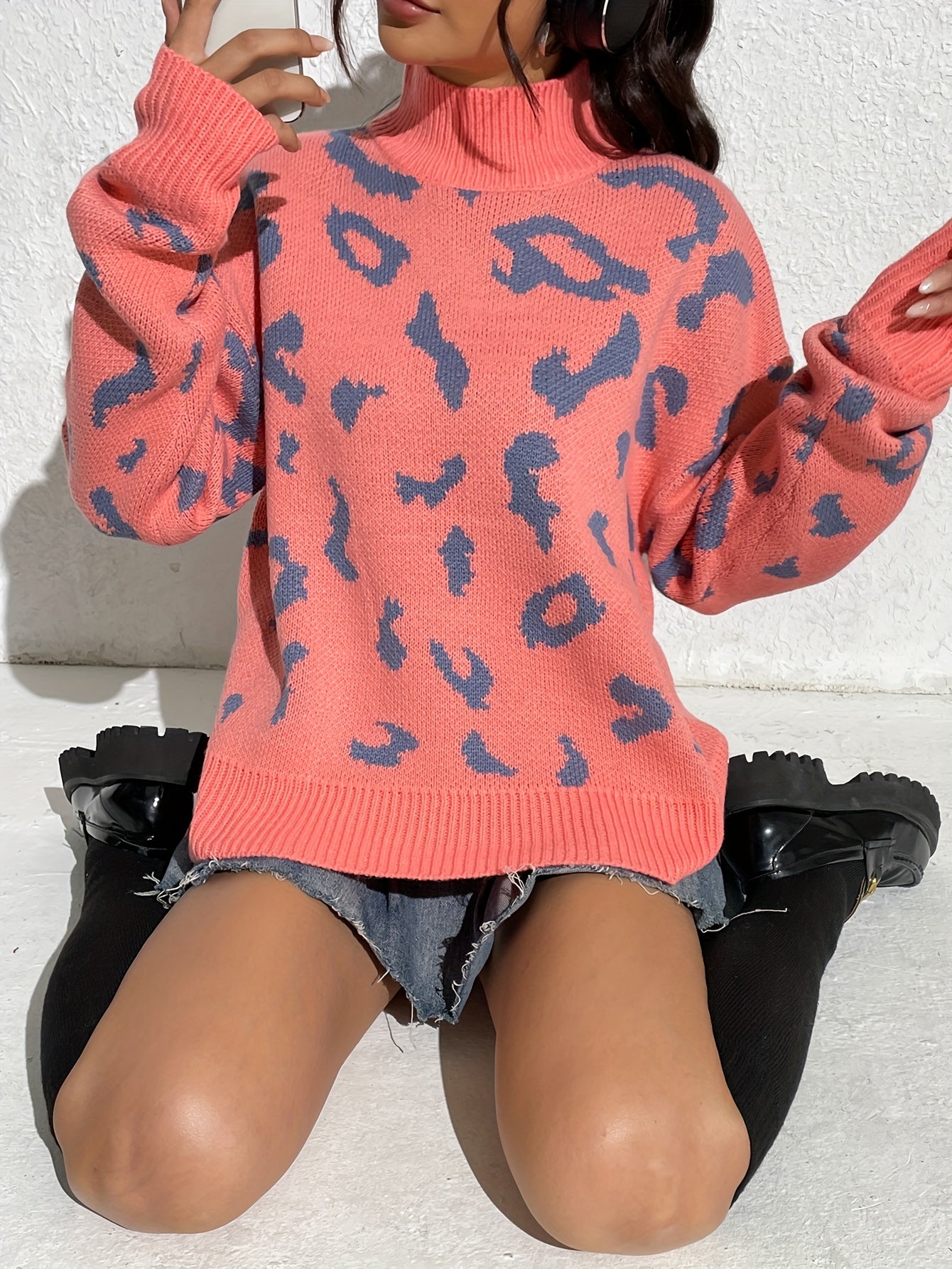 Antmvs Leopard Turtle Neck Pullover Sweater, Casual Long Sleeve Drop Shoulder Sweater, Women's Clothing