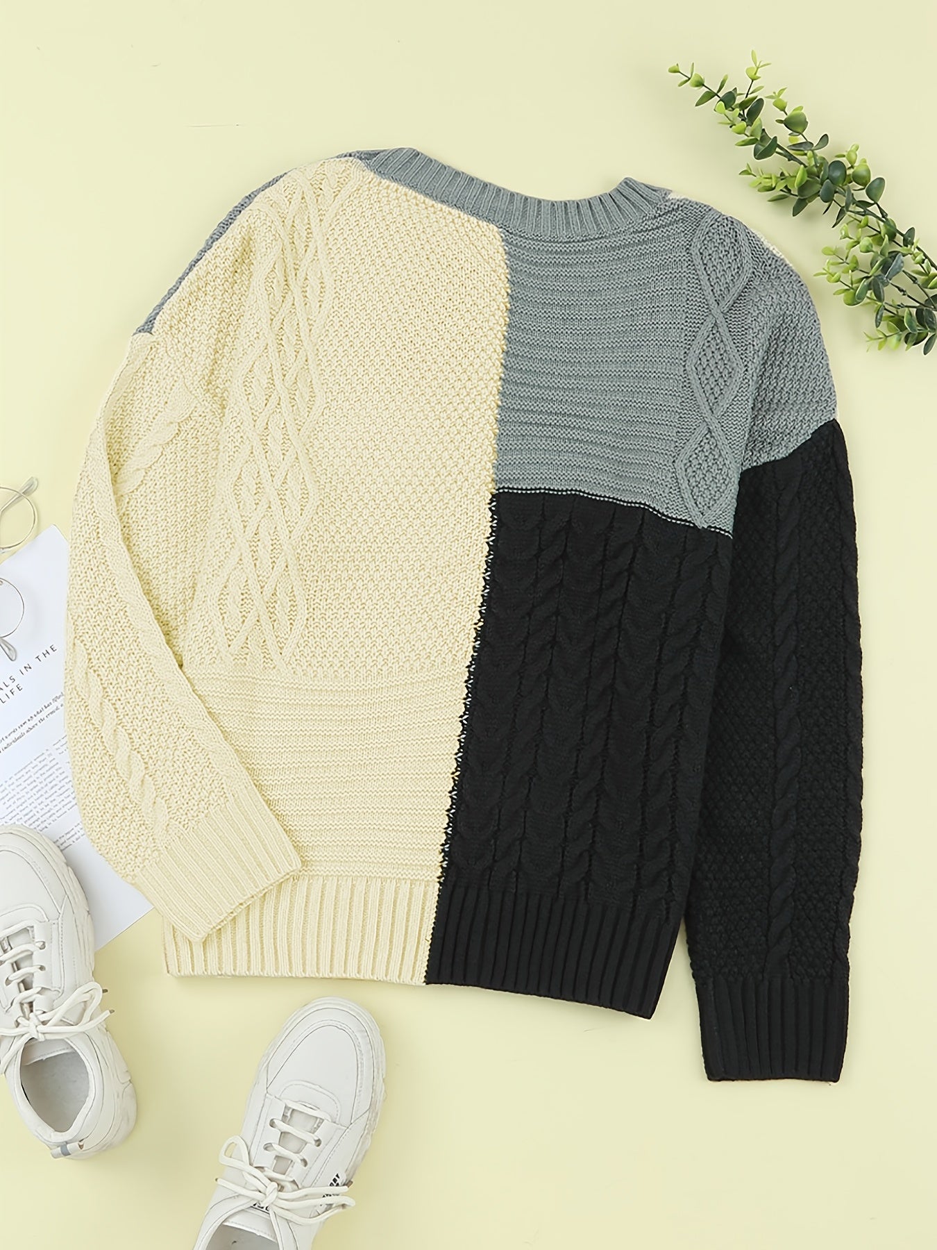 Antmvs Color Block Drop Shoulder Sweater, Loose Long Sleeve Knit Pullover, Women's Clothing