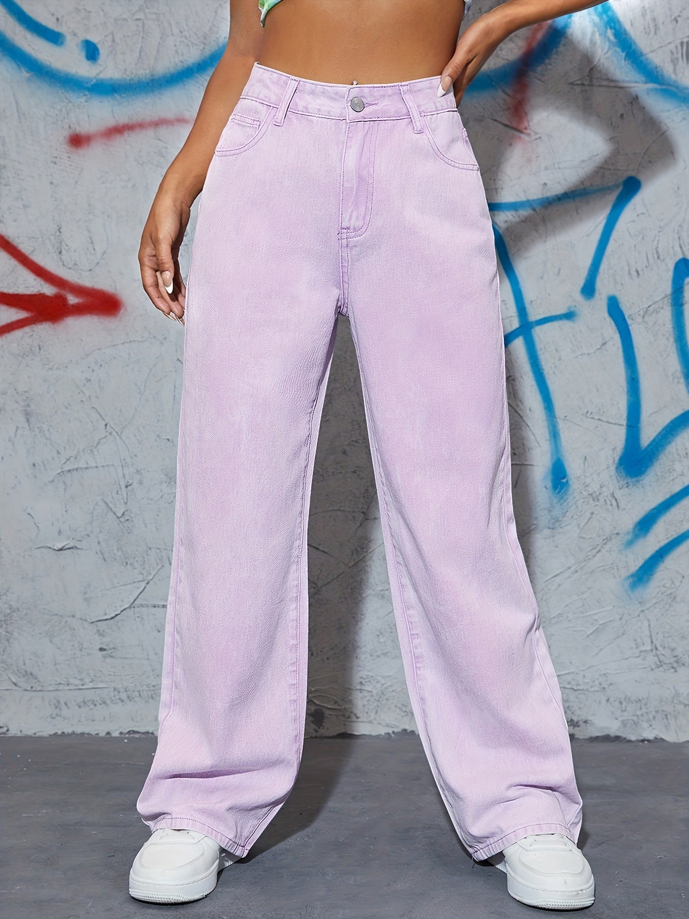 Antmvs Purple Loose Fit Straight Jeans, Slash Pockets Non-Stretch Mid Waist Baggy Denim Pants, Women's Denim Jeans & Clothing