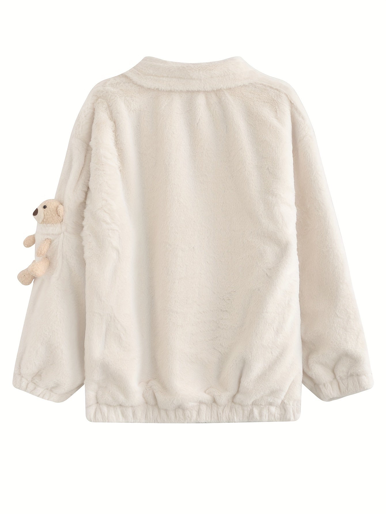 Antmvs Teddy Decor Zip Front Plush Coat, Long Sleeve Slant Pockets Outerwear For Fall & Winter, Women's Clothing
