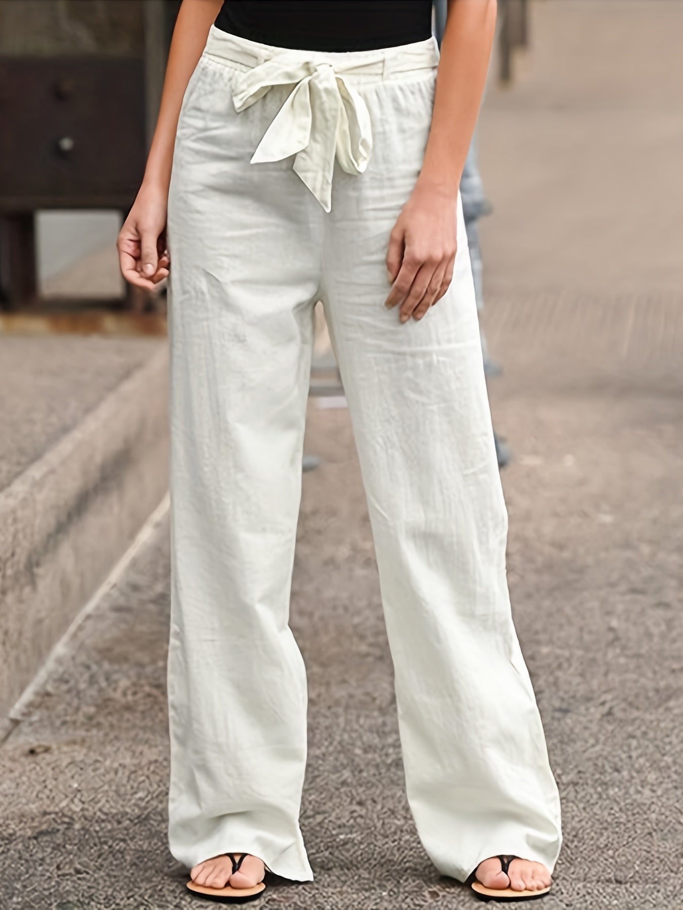 Antmvs Solid Tie Waist Pants, Casual High Waist Wide Leg Long Length Pants, Women's Clothing