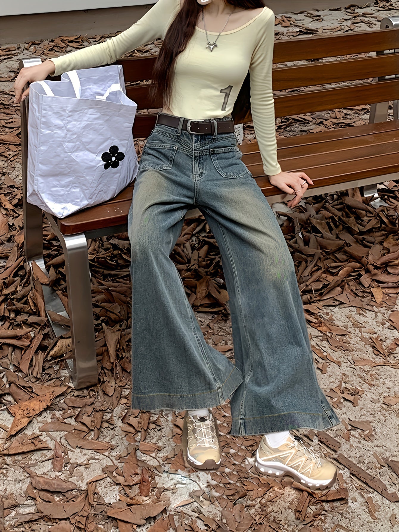 Antmvs High Waist Washed Baggy Jeans, Fleece Liner Loose Fit Without Waistband Wide Legs Jeans, Women's Denim Jeans & Clothing