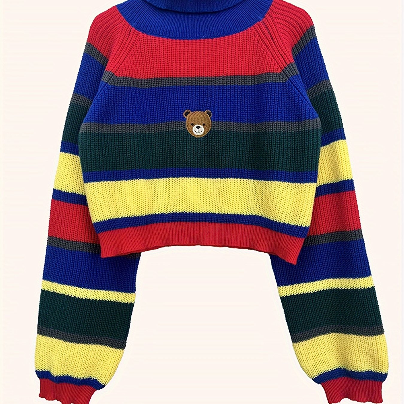 Antmvs Bear Pattern Striped Pullover Sweater, Cute Turtle Neck Long Sleeve Crop Sweater, Women's Clothing