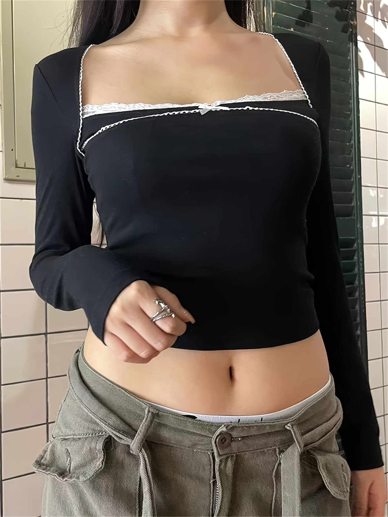 Antmvs Contrast Lace Square Neck T-Shirt, Y2K Long Sleeve Crop Top For Spring & Fall, Women's Clothing
