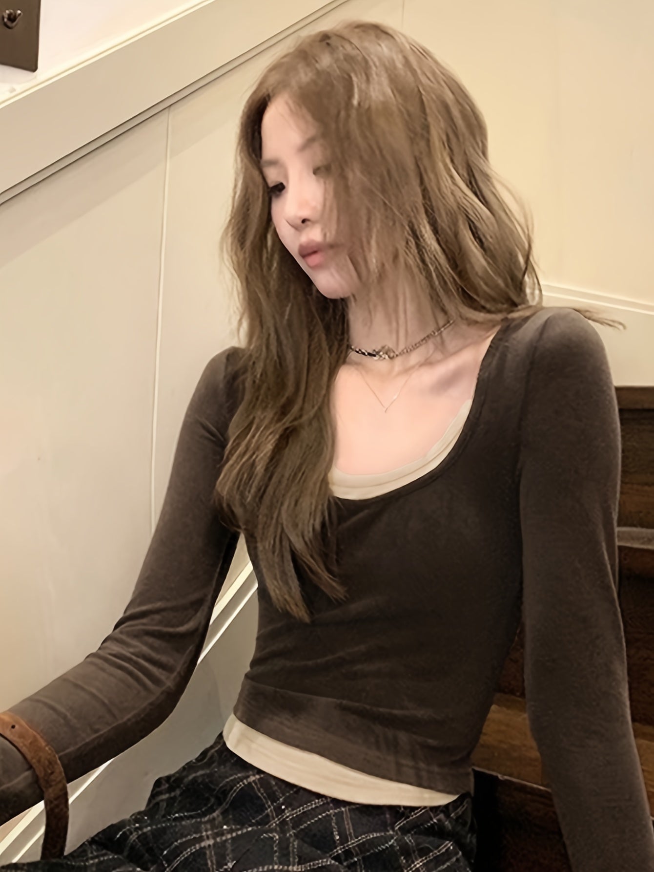 Antmvs Contrast Trim Crew Neck Crop T-Shirt, Casual Long Sleeve T-Shirt For Spring & Fall, Women's Clothing