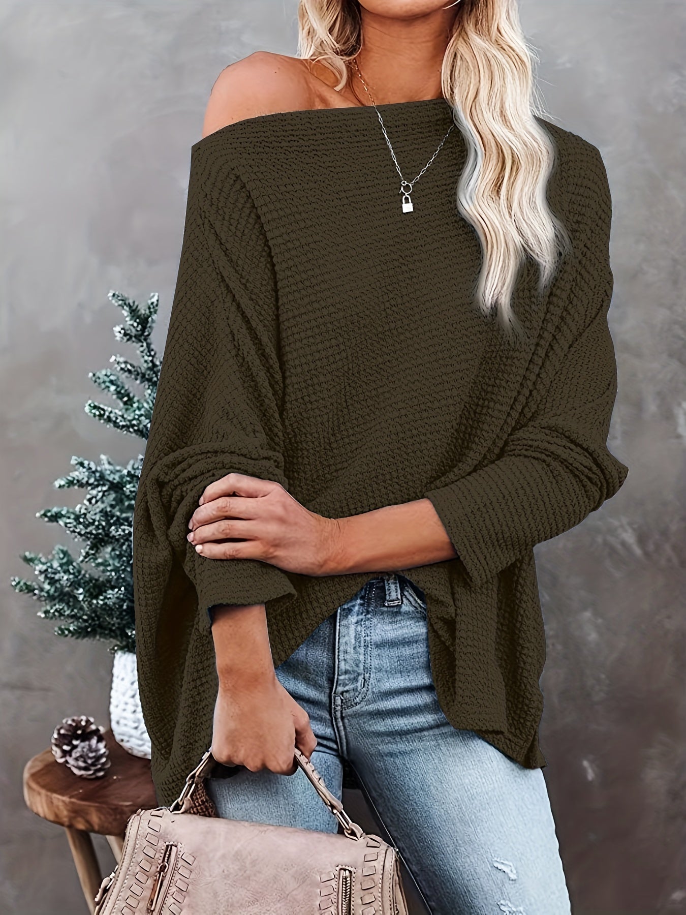 Antmvs Women's Casual Off Shoulder Bat Long Sleeve Waffle Knitted Oversized Pullover Sweater, Casual Tops For Fall & Winter, Women's Clothing